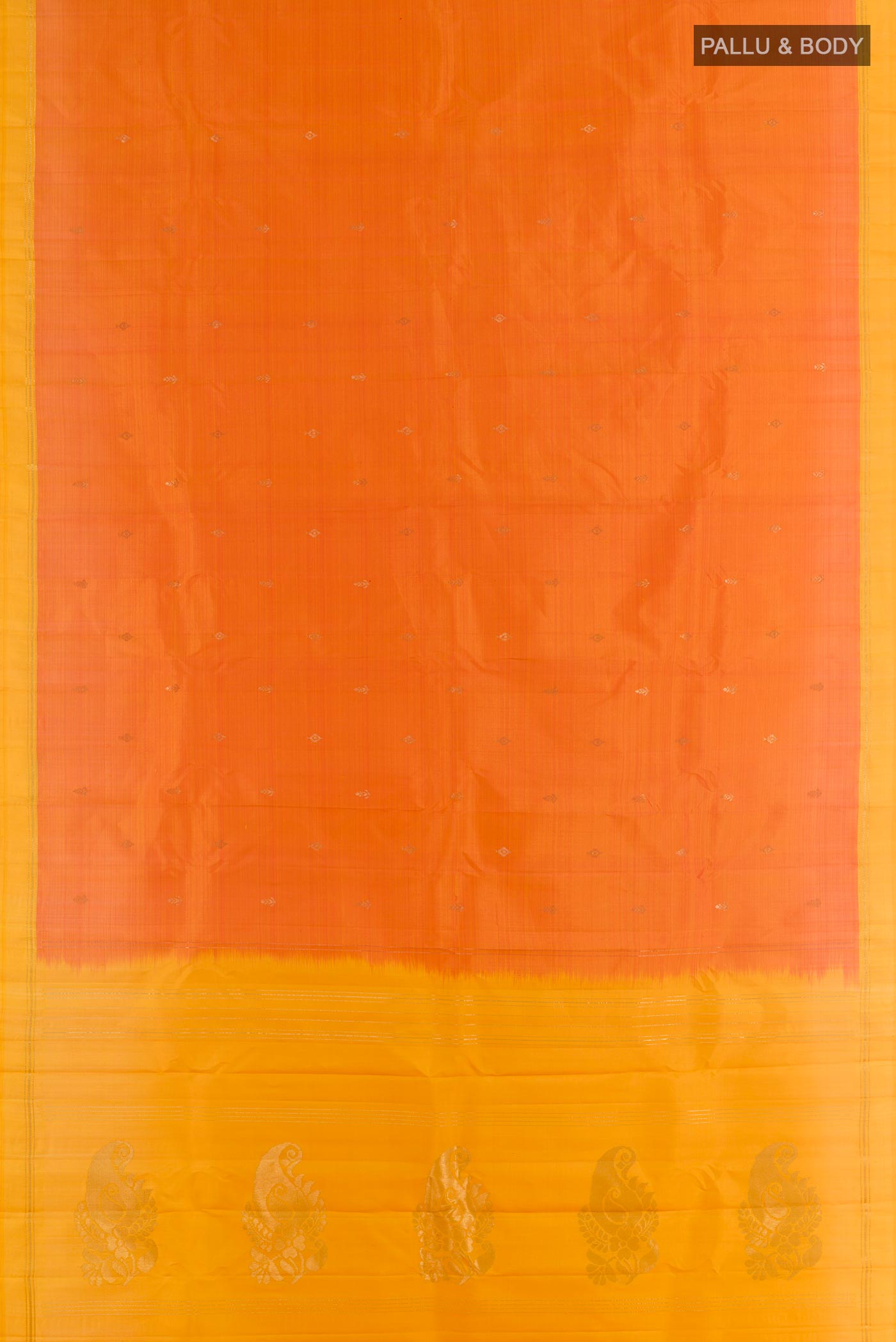 Flat view of Orange Kanchipuram Silk Saree with Zari Butta on the body and Zari Border. 