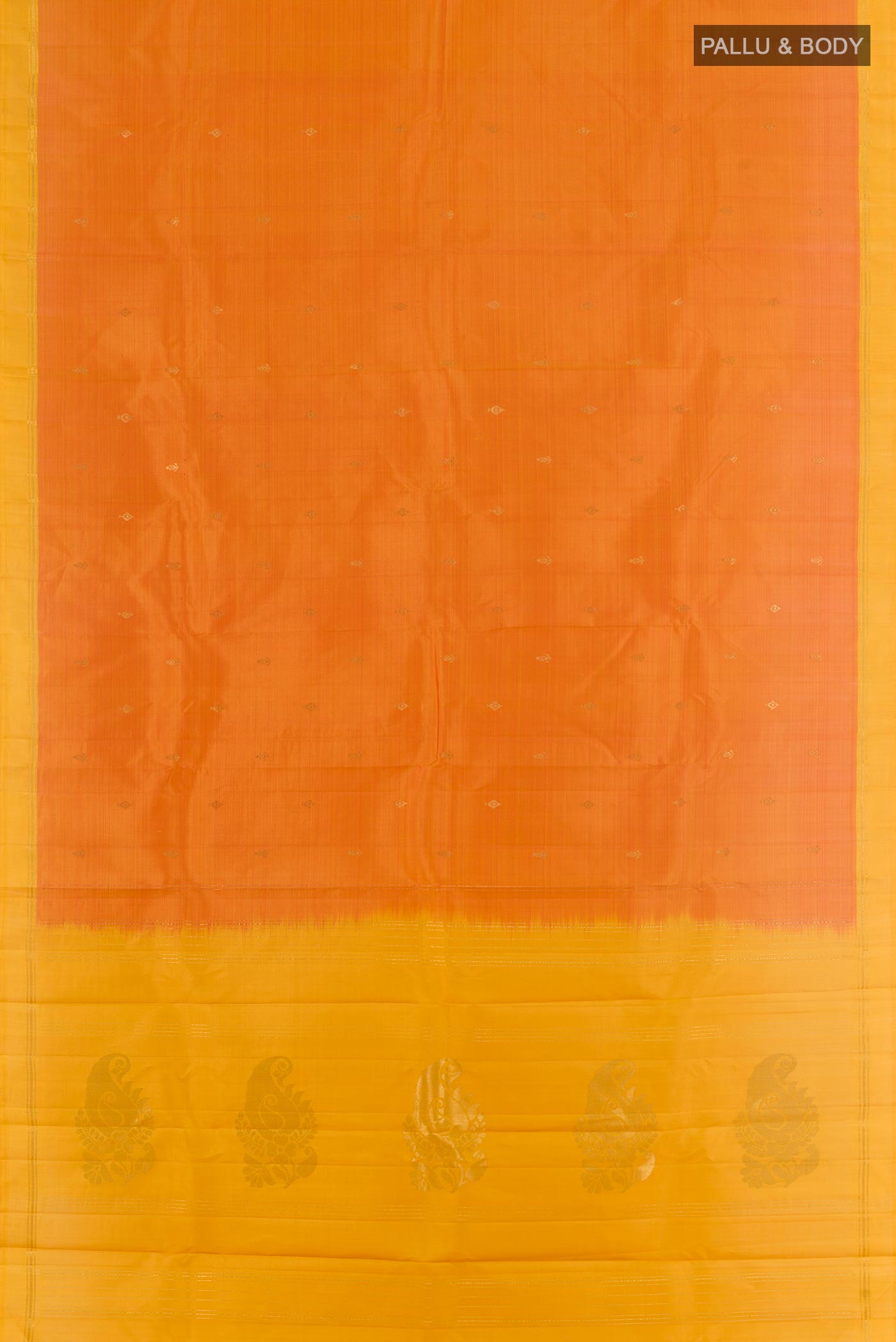 Flat view of Orange Kanchipuram Silk Saree with Zari Butta on the body and Zari Border. 