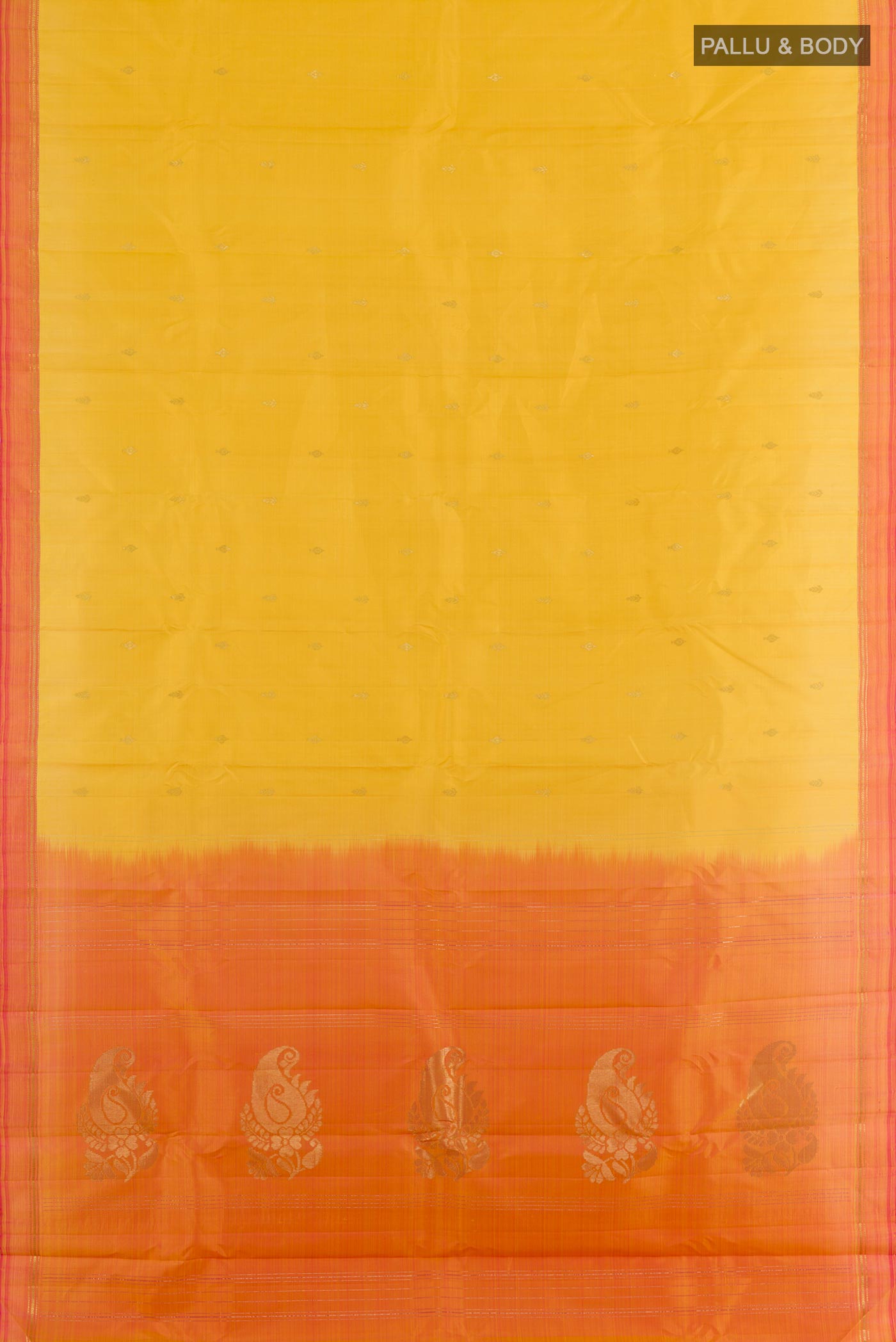 Flat view of Yellow Kanchipuram Silk Saree with Zari Butta on the body and Zari Border. 