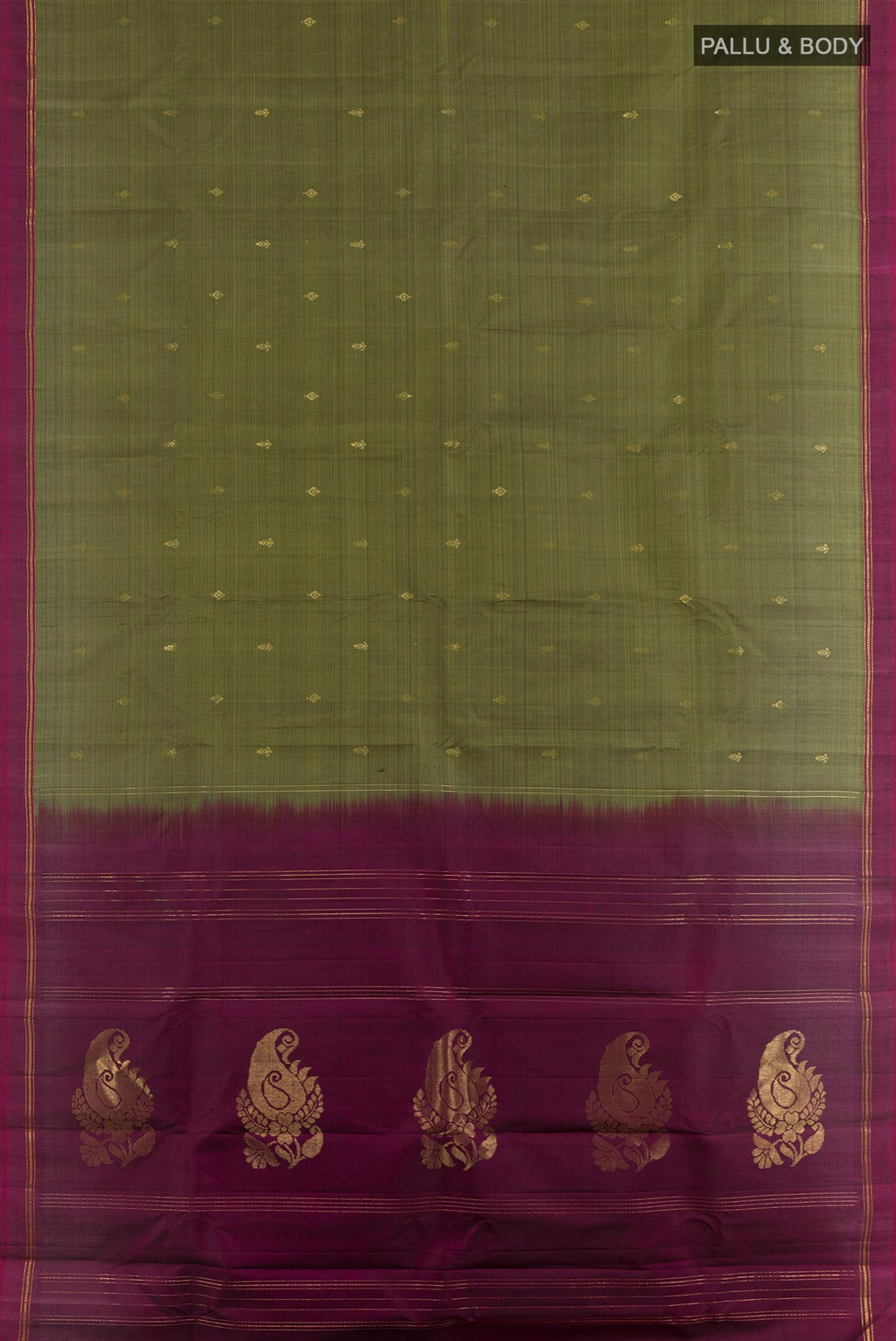 Flat view of Mehandi Green Kanchipuram Silk Saree with Zari Butta on the body and Zari Border. 