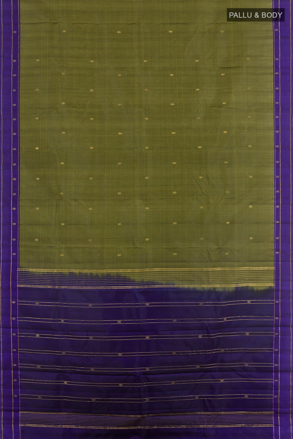 Flat view of Mehandi Green Kanchipuram Silk Saree with Zari Butta on the body and Zari Border. 