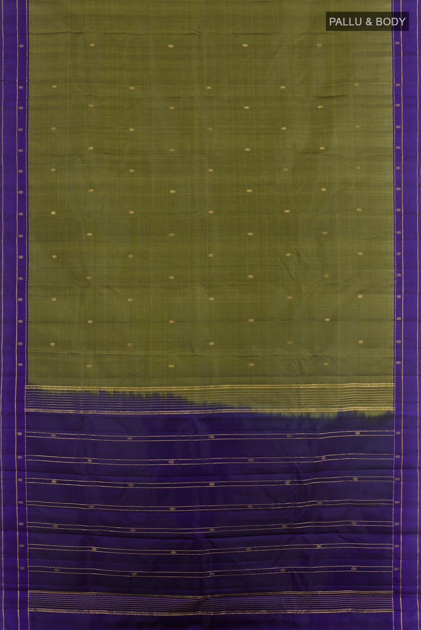Flat view of Mehandi Green Kanchipuram Silk Saree with Zari Butta on the body and Zari Border. 