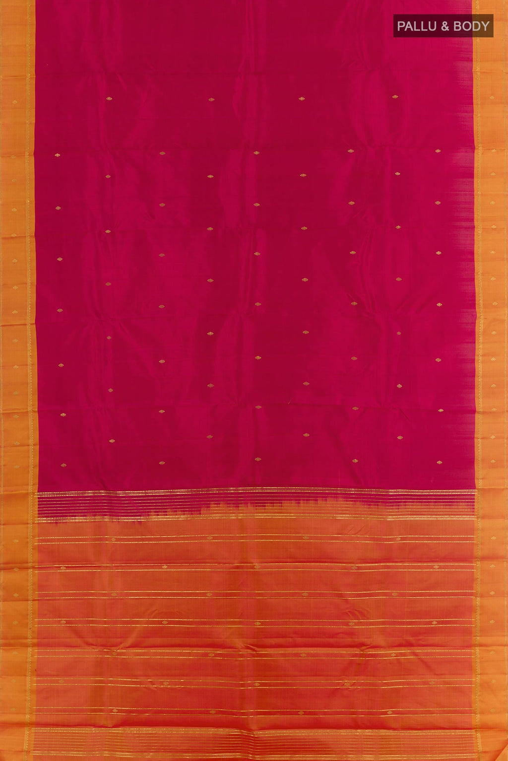 Flat view of Dark Pink Kanchipuram Silk Saree with Zari Butta on the body and Zari Border. 