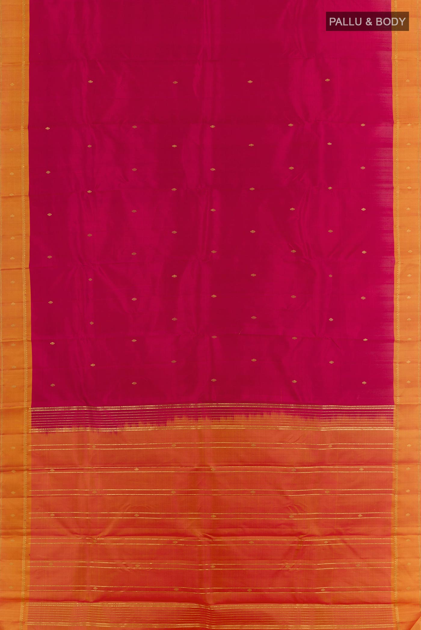 Flat view of Dark Pink Kanchipuram Silk Saree with Zari Butta on the body and Zari Border. 