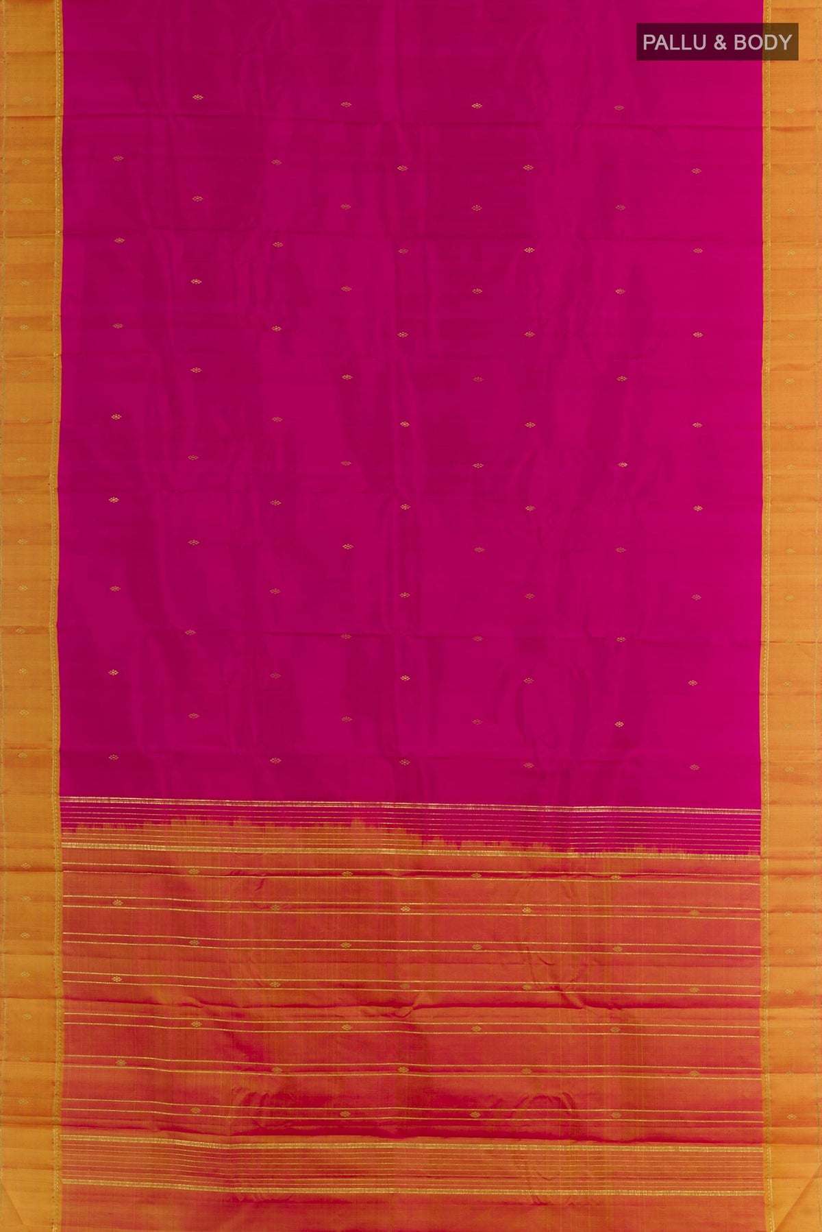 Flat view of Pink Kanchipuram Silk Saree with Zari Butta on the body and Zari Border. 