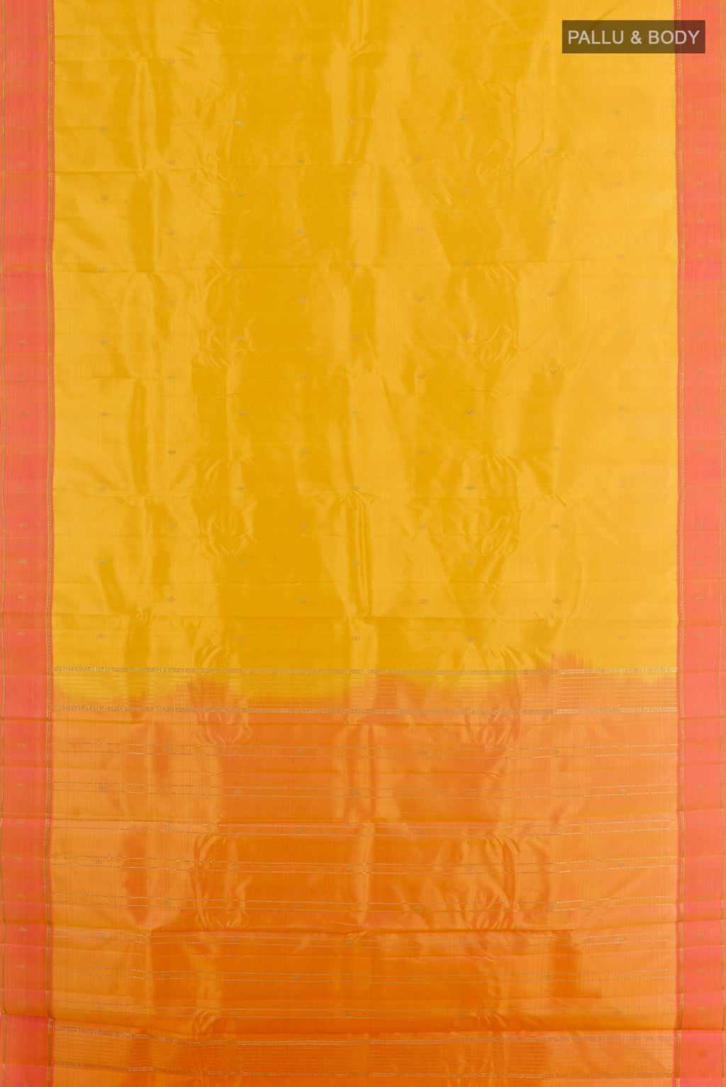 Flat view of Yellow Kanchipuram Silk Saree with Zari Butta on the body and Zari Border. 