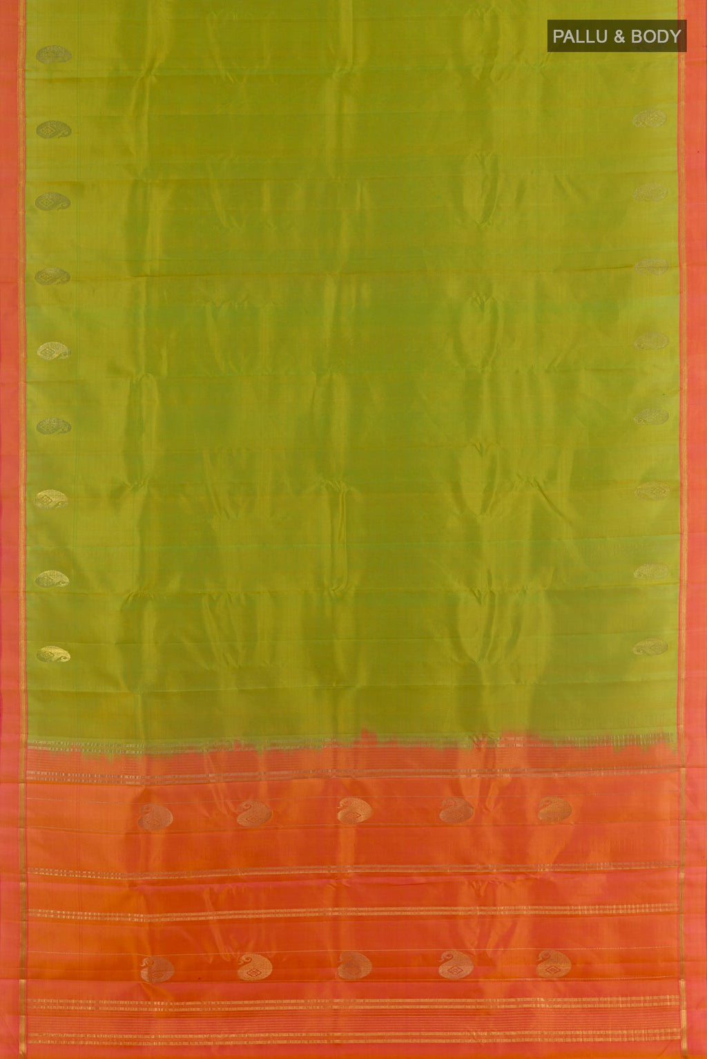 Flat view of Green Kanchipuram Silk Saree with Zari Butta on the body and Zari Border. 