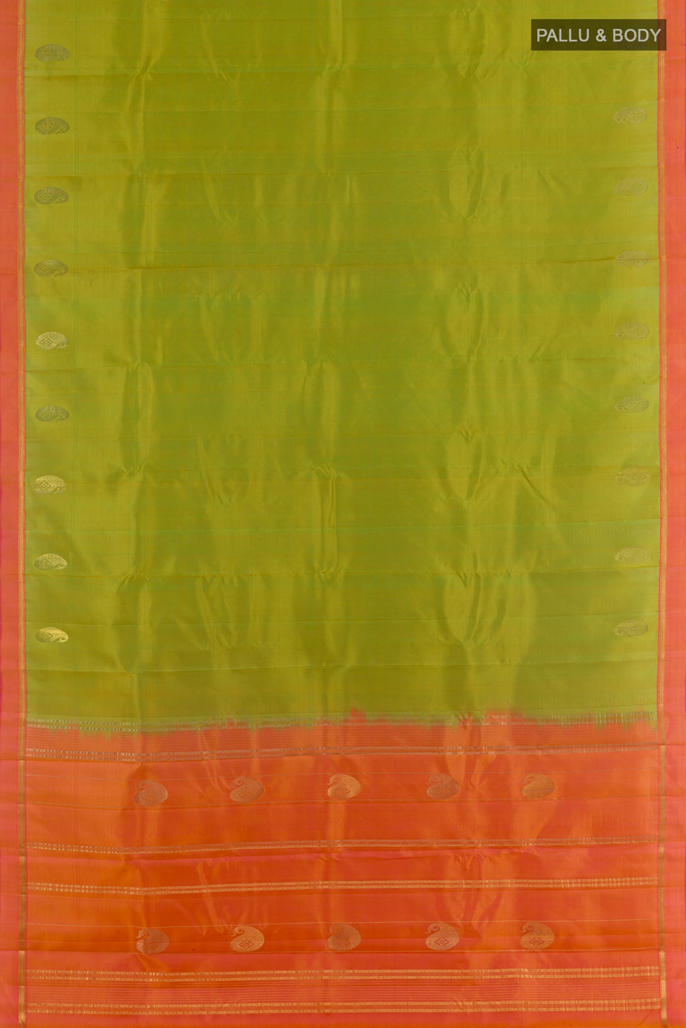 Flat view of Green Kanchipuram Silk Saree with Zari Butta on the body and Zari Border. 