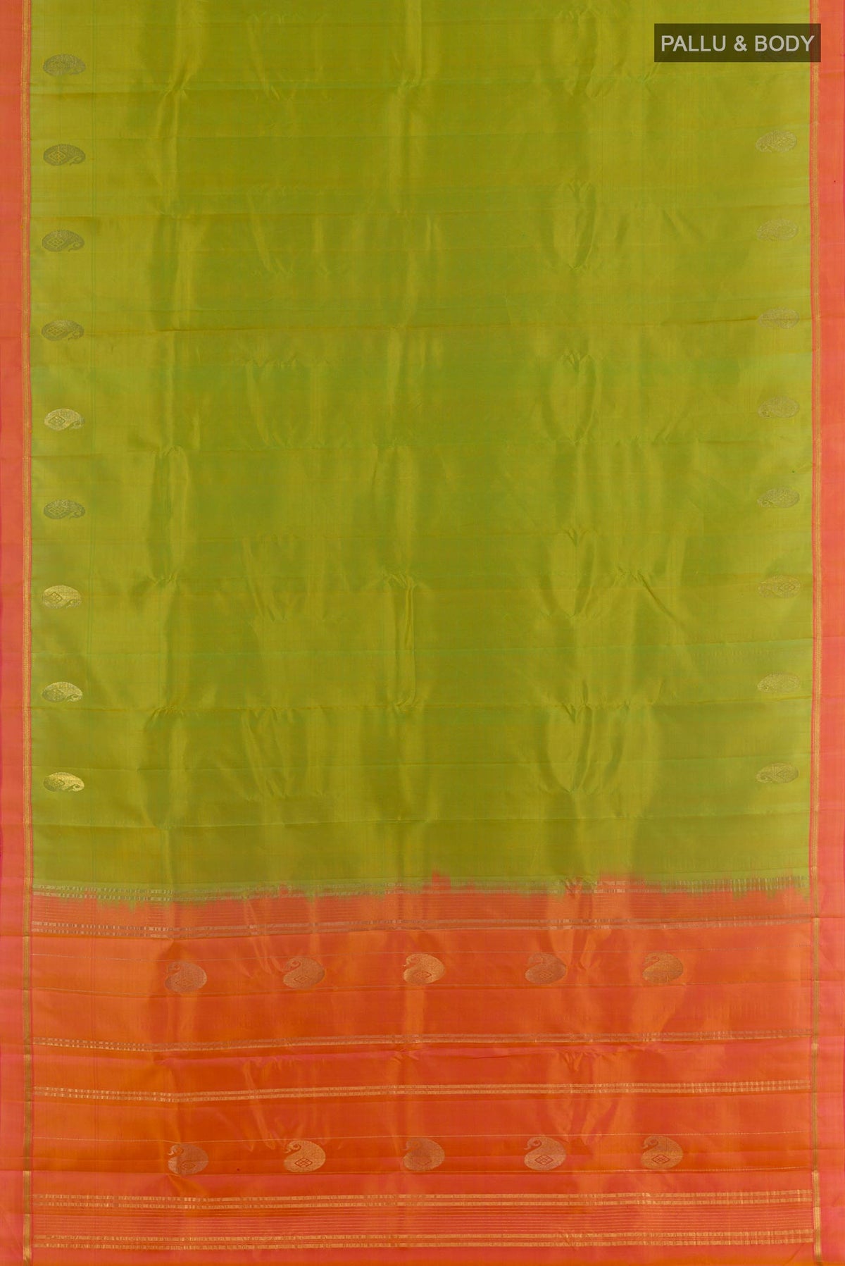 Flat view of Green Kanchipuram Silk Saree with Zari Butta on the body and Zari Border. 