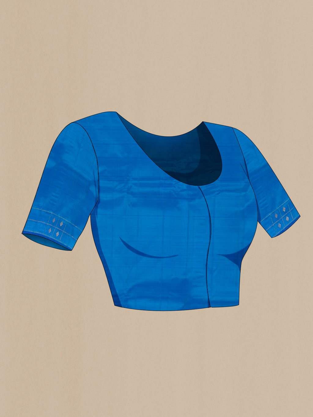 Close up image of the blouse of Blue Kanchipuram Silk Saree with Zari Butta on the body and Zari Border. 