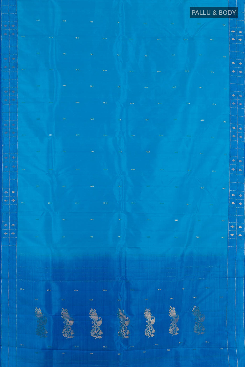 Flat view of Blue Kanchipuram Silk Saree with Zari Butta on the body and Zari Border. 