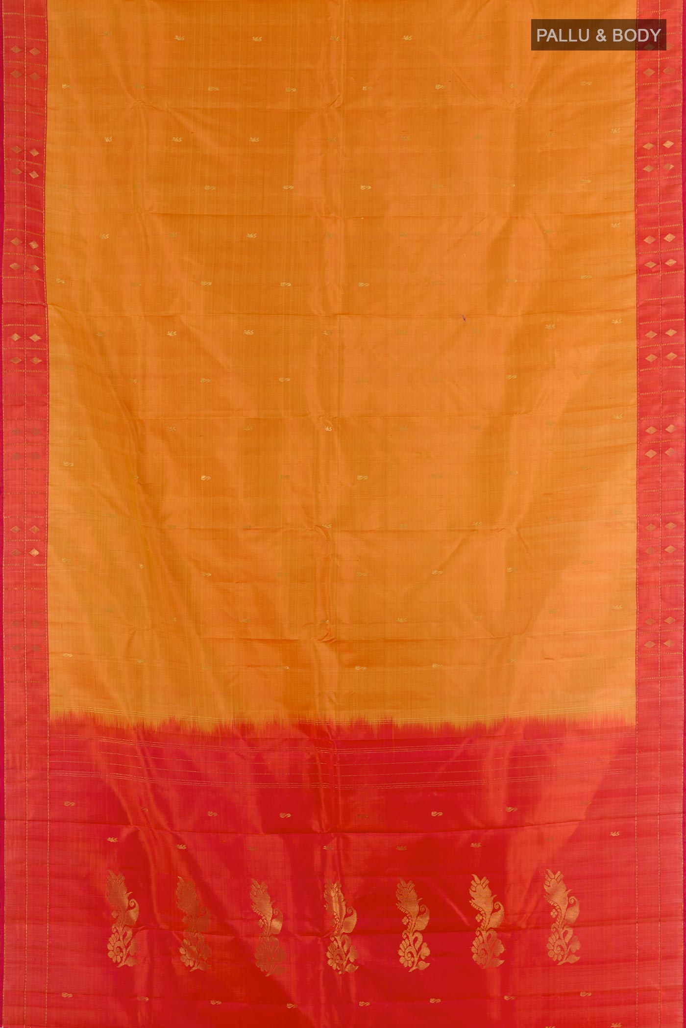Flat view of Mustard Kanchipuram Silk Saree with Zari Butta on the body and Zari Border. 