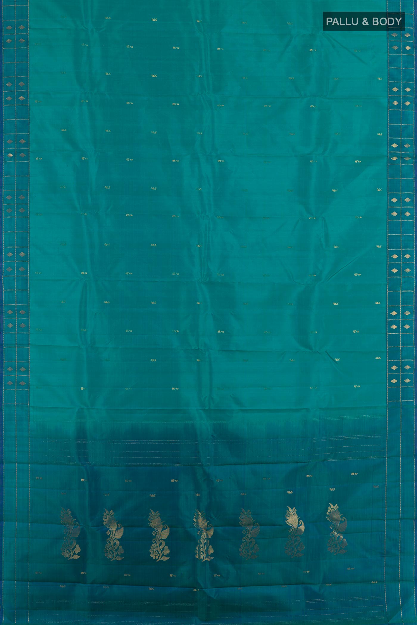 Flat view of Sea Green Kanchipuram Silk Saree with Zari Butta on the body and Zari Border. 