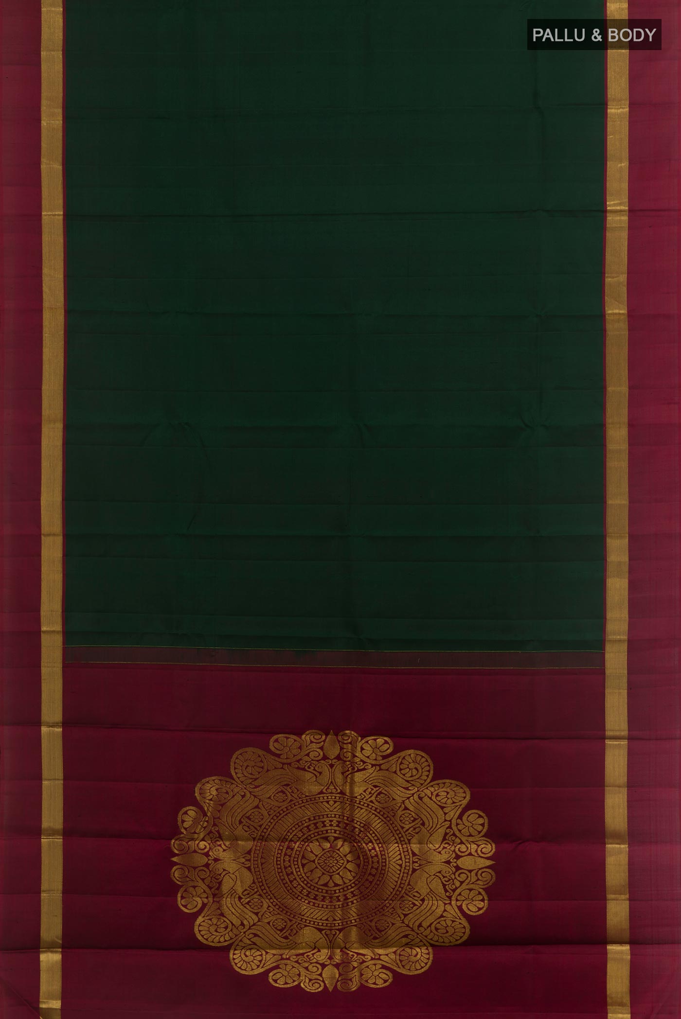 Flat view of Bottle Green Kanchipuram Silk Saree with Plain Body and Zari Border. 