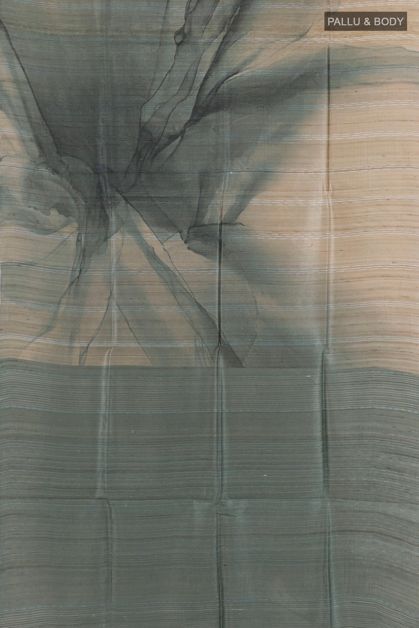 Flat view of Green Tussar Saree with Printed design on the body and Without Border. 
