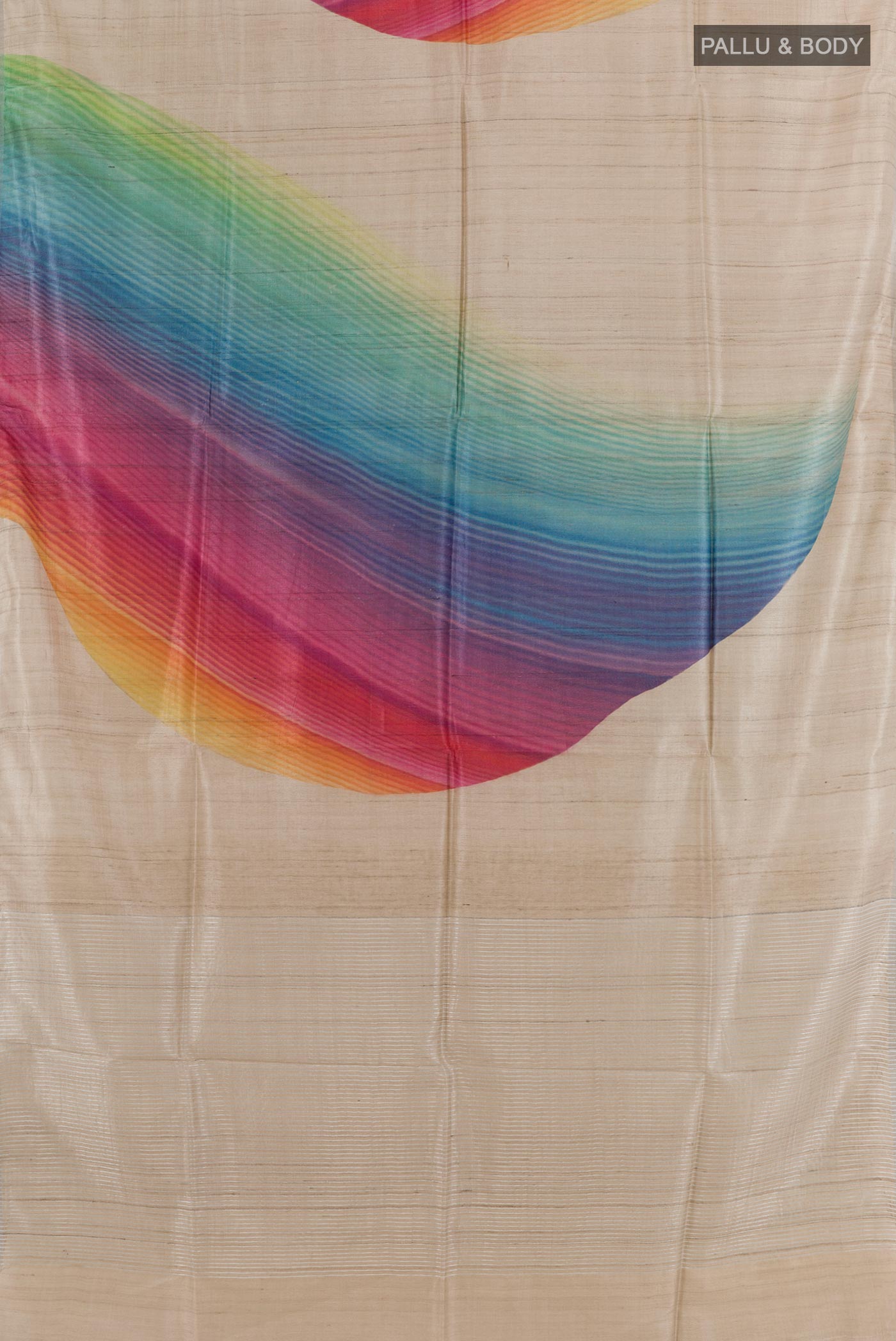 Flat view of Beige Tussar Saree with Plain Body and Zari Border. 