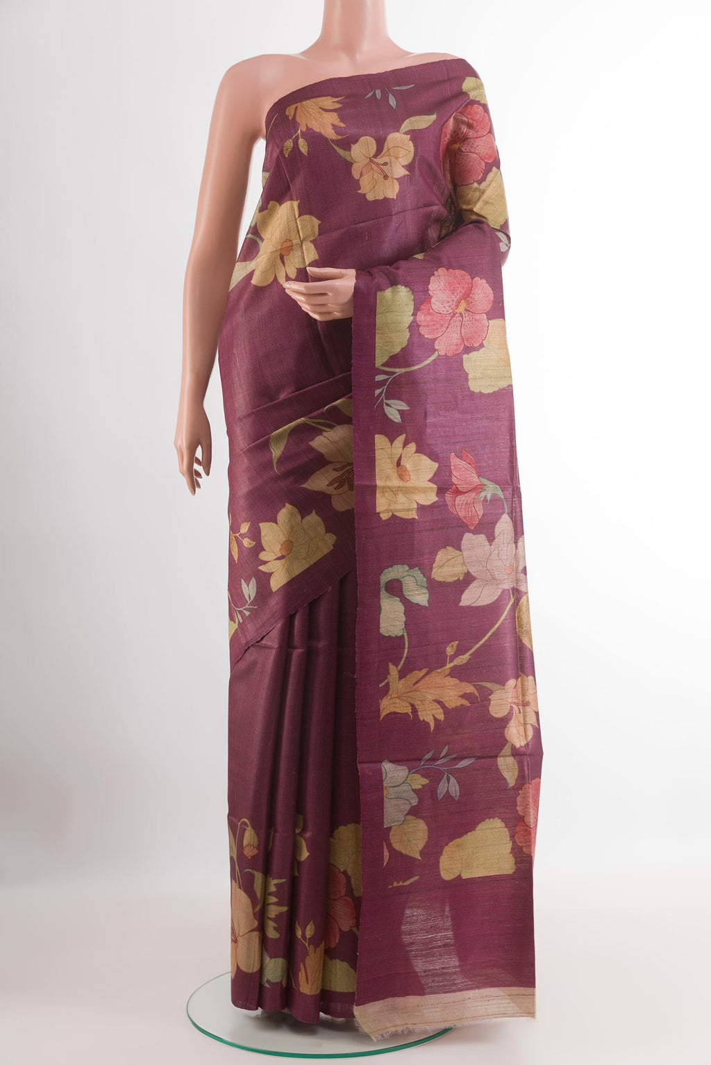 Purple Tussar Saree with Printed design on the body and Without Border.  displayed on a mannequin