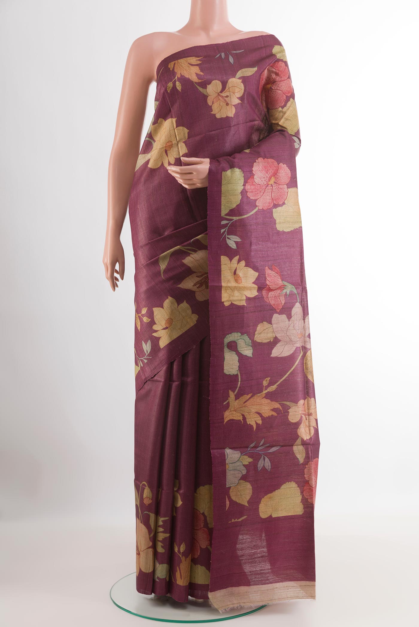 Purple Tussar Saree with Printed design on the body and Without Border.  displayed on a mannequin