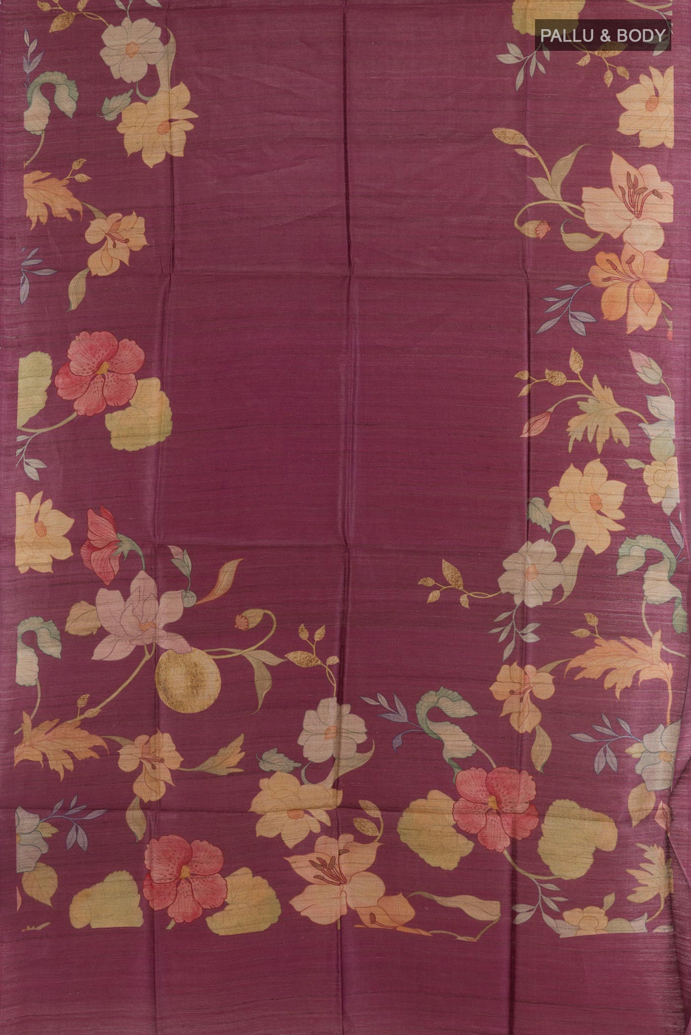 Flat view of Purple Tussar Saree with Printed design on the body and Without Border. 