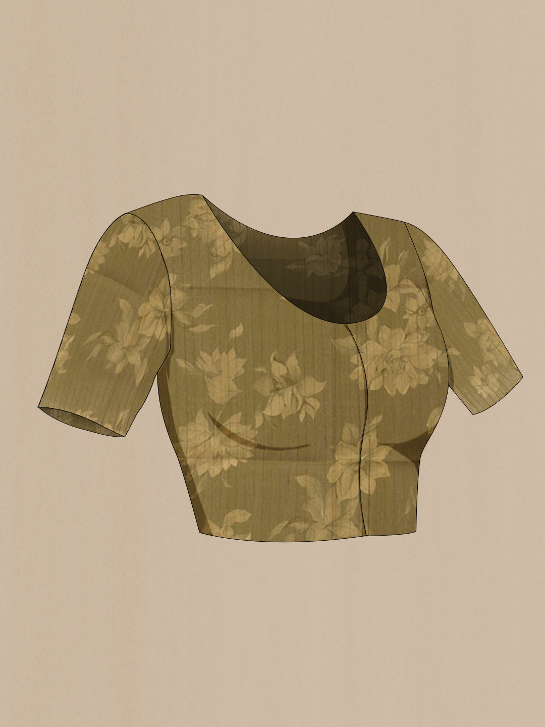 Close up image of the blouse of Beige Tussar Silk Saree with Printed design on the body and Printed Border. 