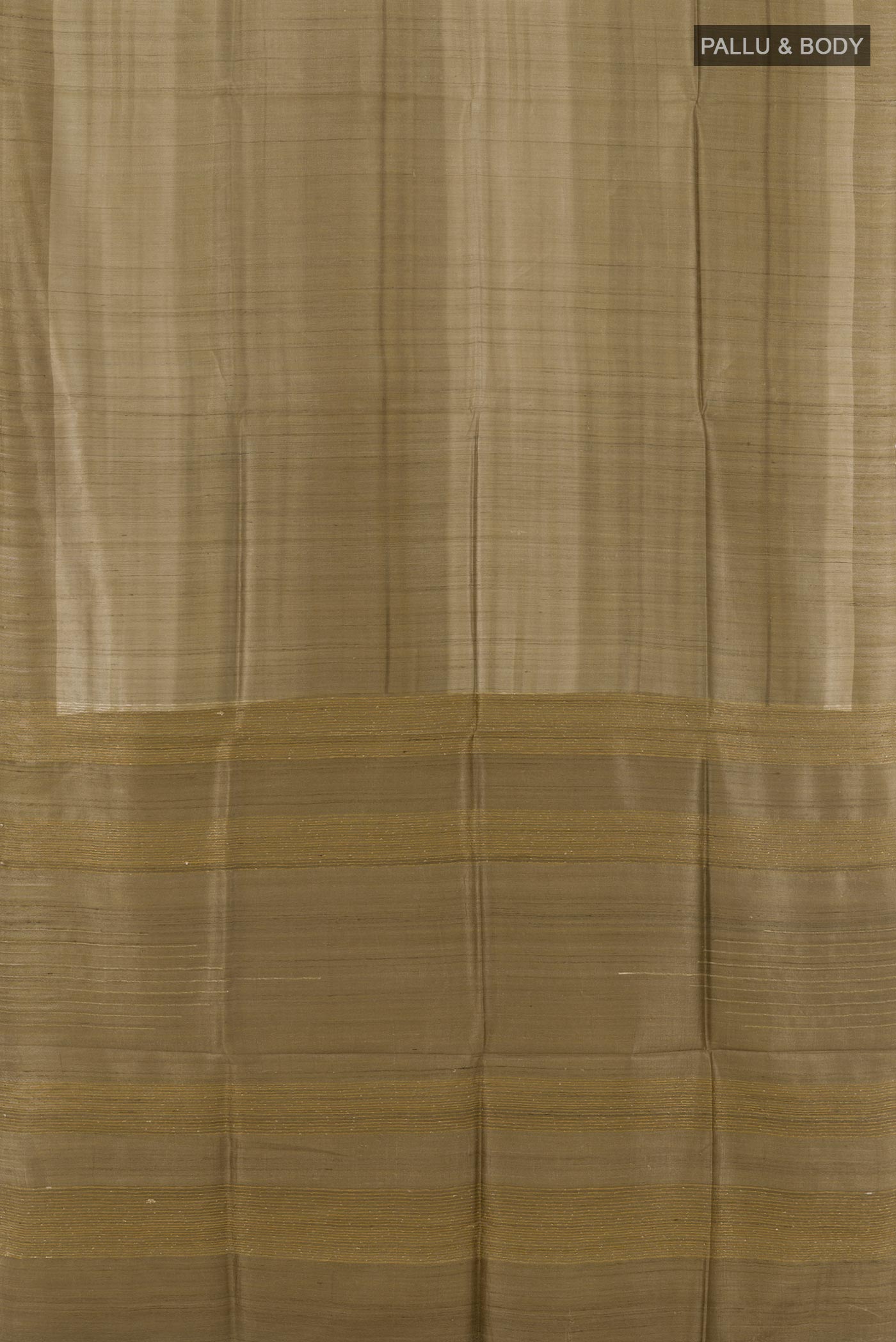 Flat view of Beige Tussar Silk Saree with Printed design on the body and Printed Border. 