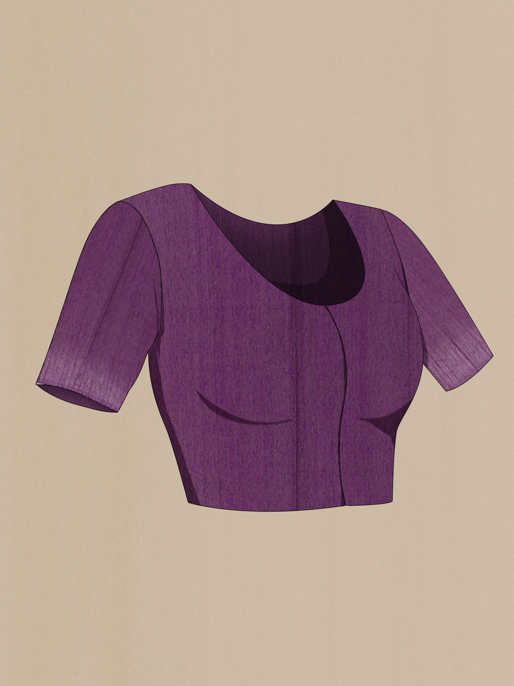Close up image of the blouse of Purple Tussar Saree with Printed design on the body and Zari Border. 