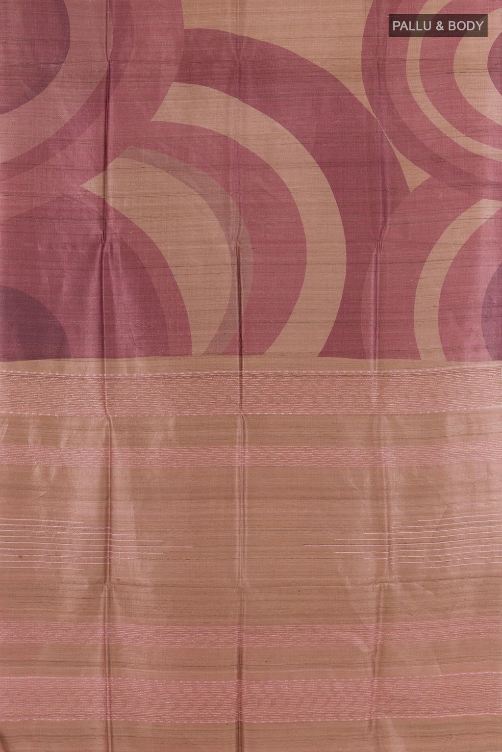 Flat view of Magenta Tussar Saree with Printed design on the body and Zari Border. 