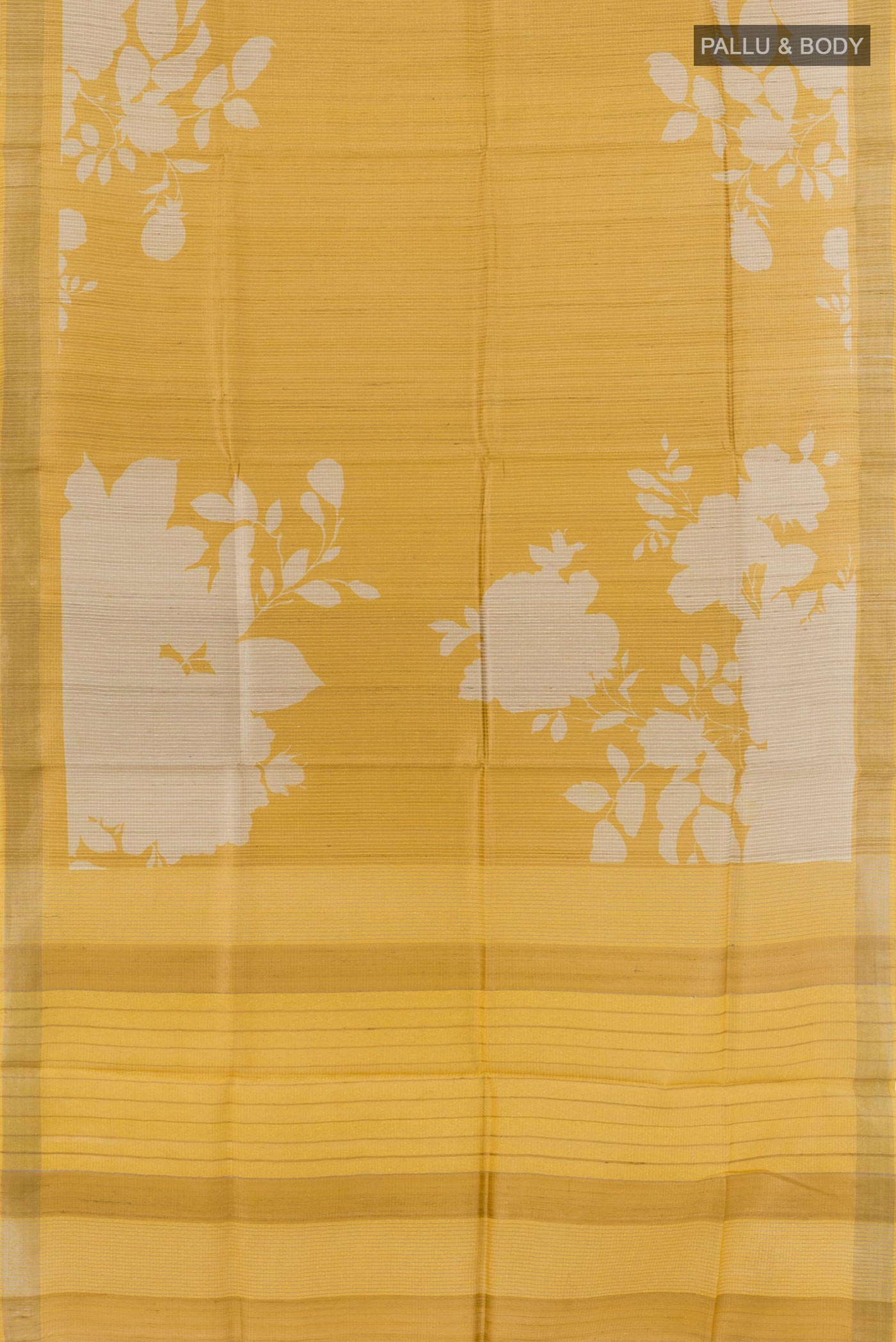 Flat view of Yellow Tussar Silk Saree with Printed design on the body and Printed Border. 