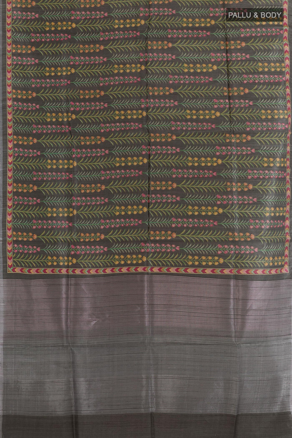 Flat view of Grey Tussar Saree with Printed design on the body and Zari Border. 