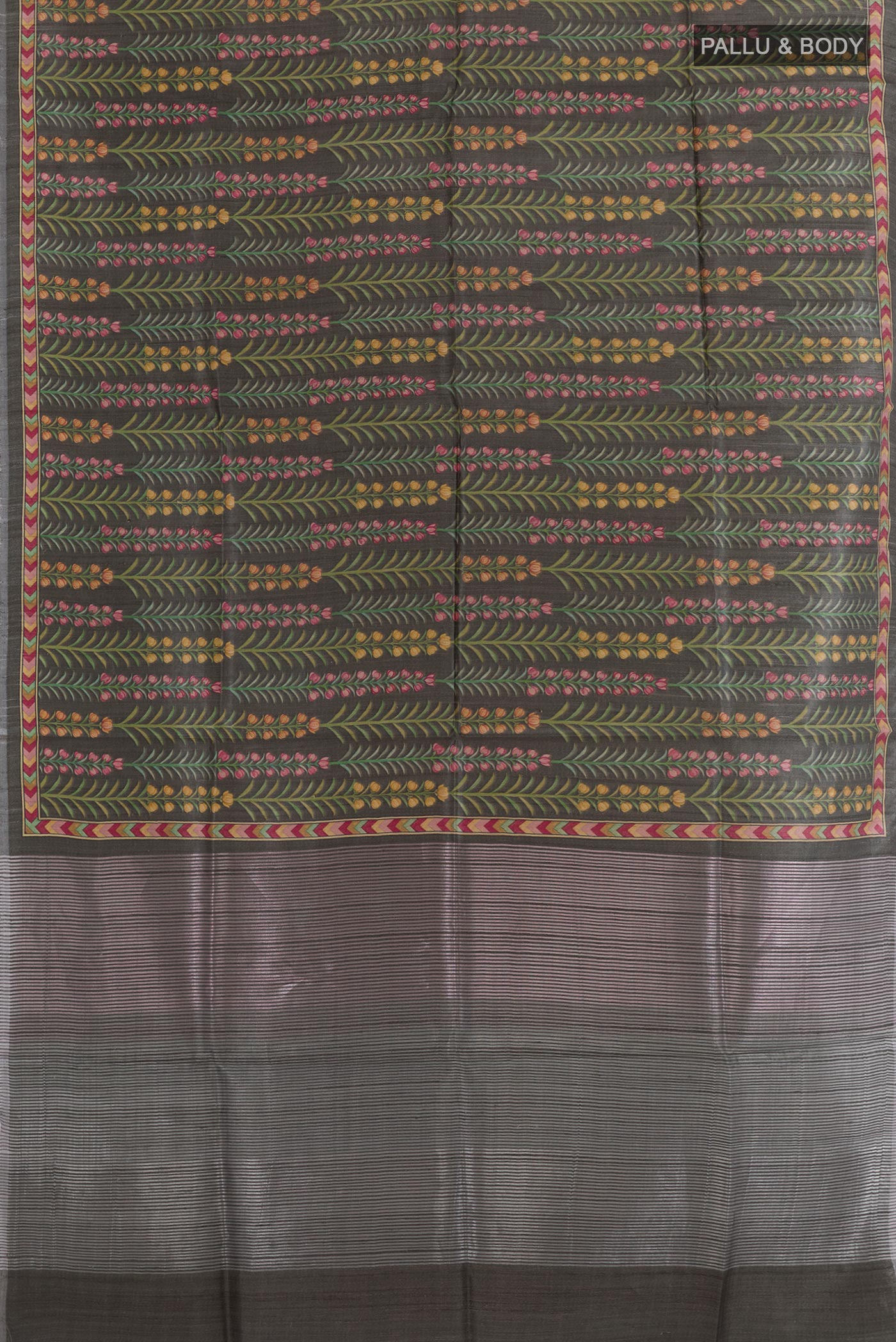 Flat view of Grey Tussar Saree with Printed design on the body and Zari Border. 