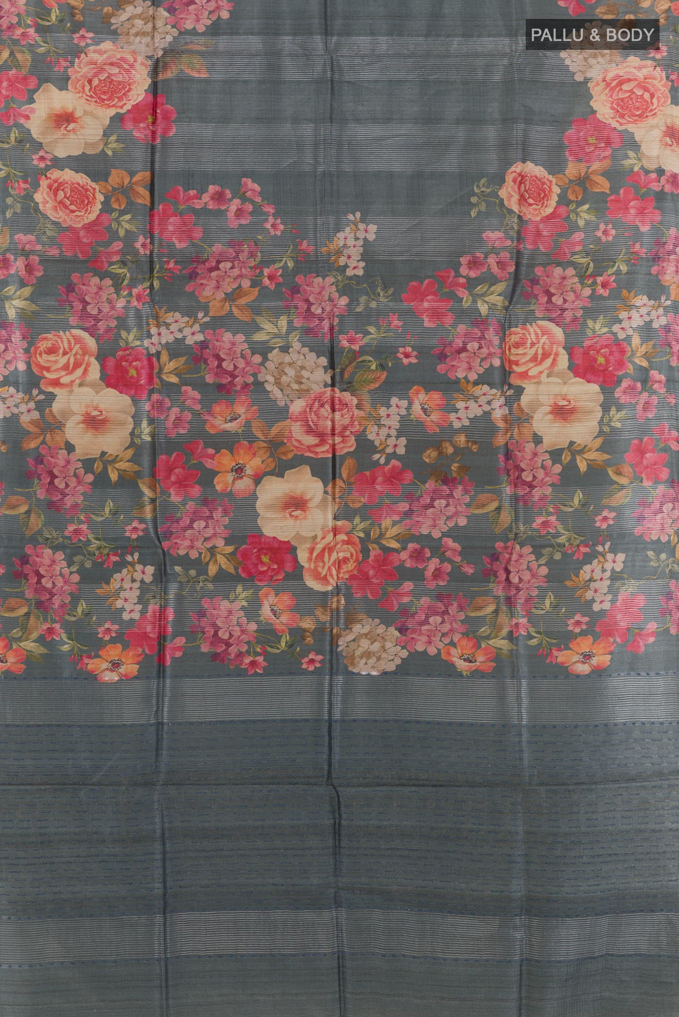Flat view of Grey Tussar Silk Saree with Stripes on the body and Printed Border. 