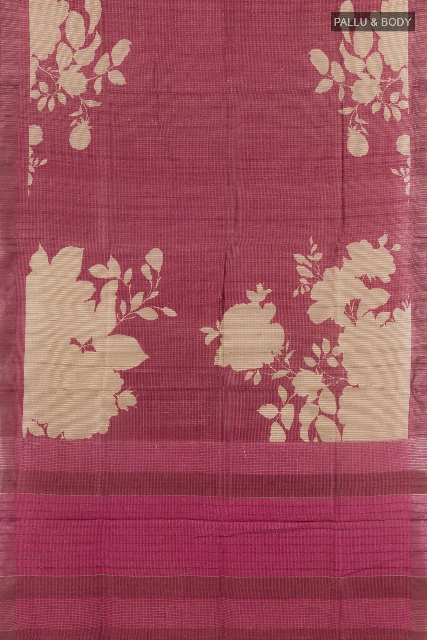 Flat view of Pink Tussar Silk Saree with Printed design on the body and Printed Border. 
