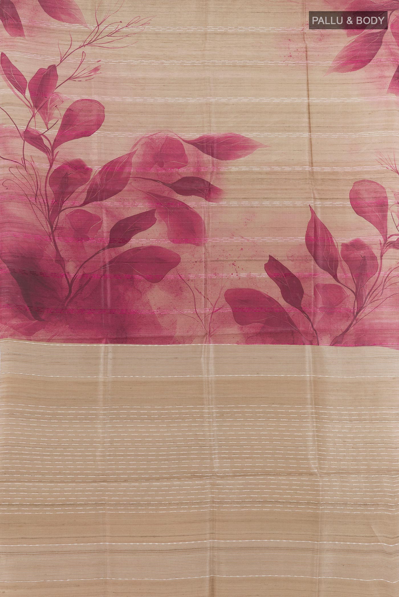 Flat view of Beige Tussar Silk Saree with Printed design on the body and Printed Border. 