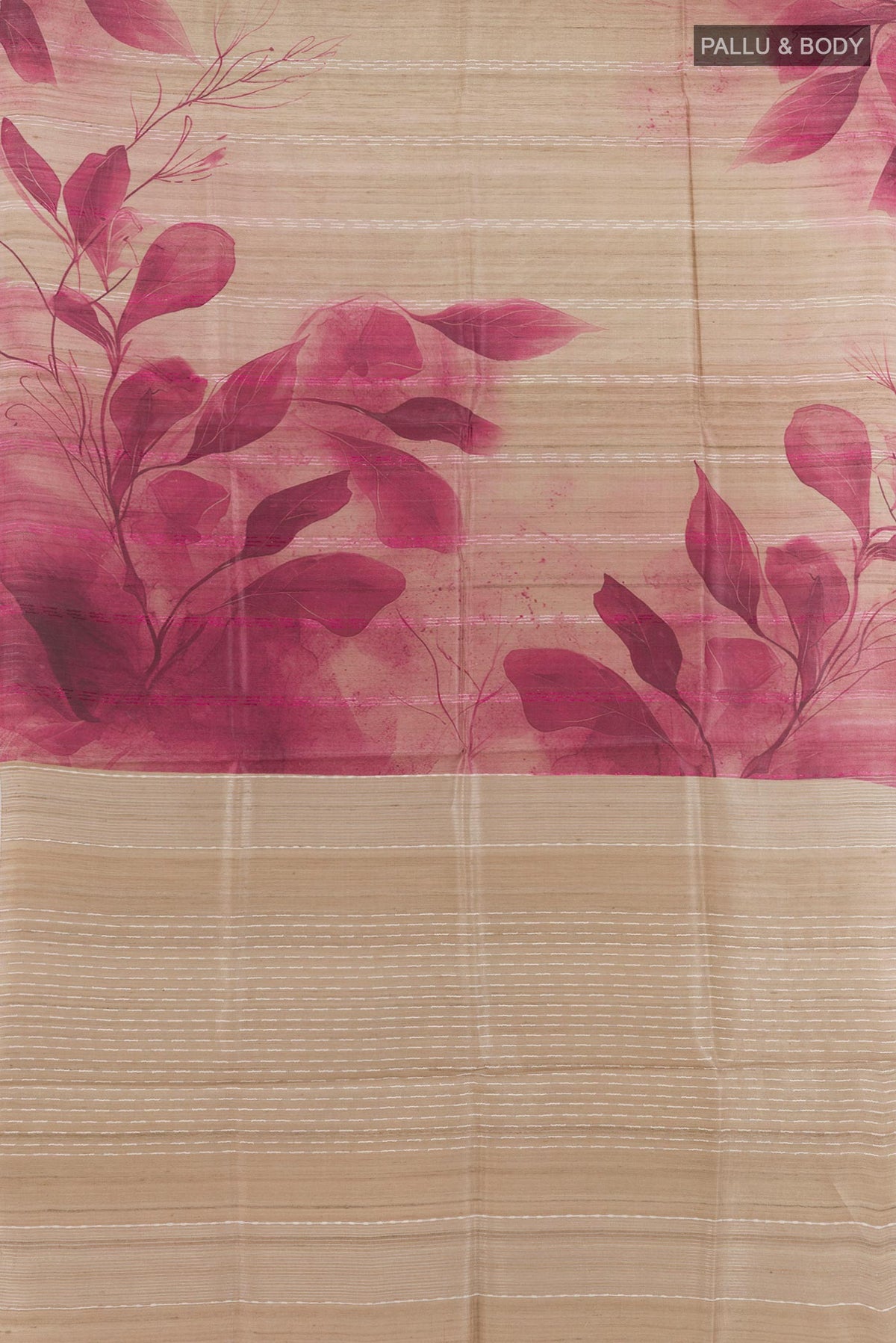 Flat view of Beige Tussar Silk Saree with Printed design on the body and Printed Border. 