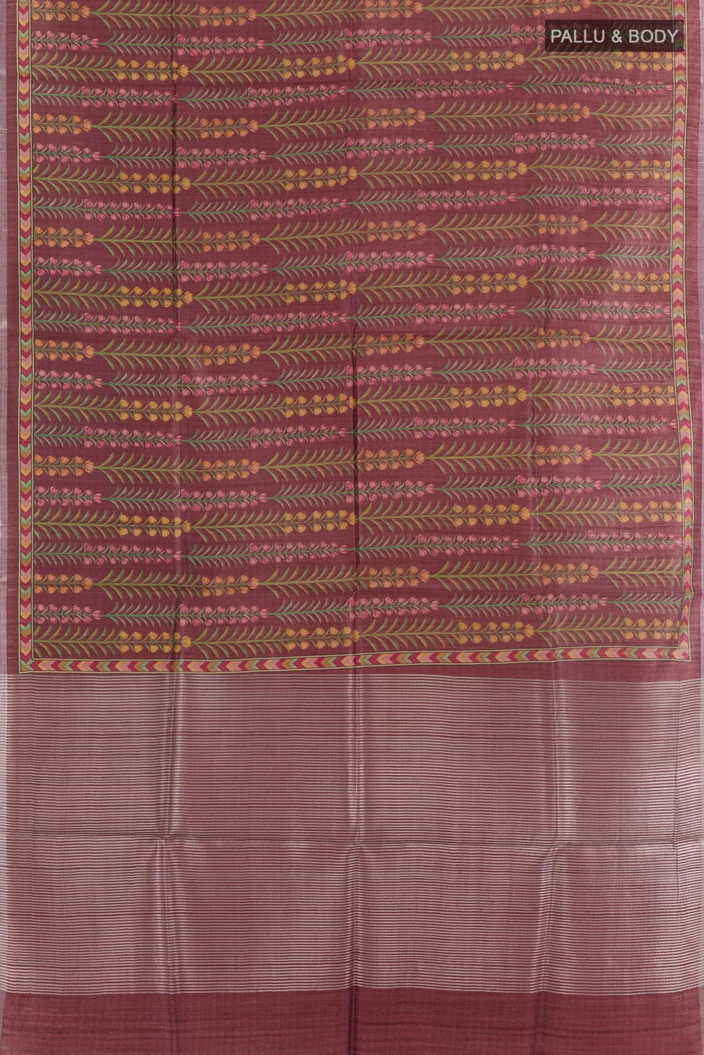 Flat view of Magenta Tussar Silk Saree with Printed design on the body and Printed Border. 