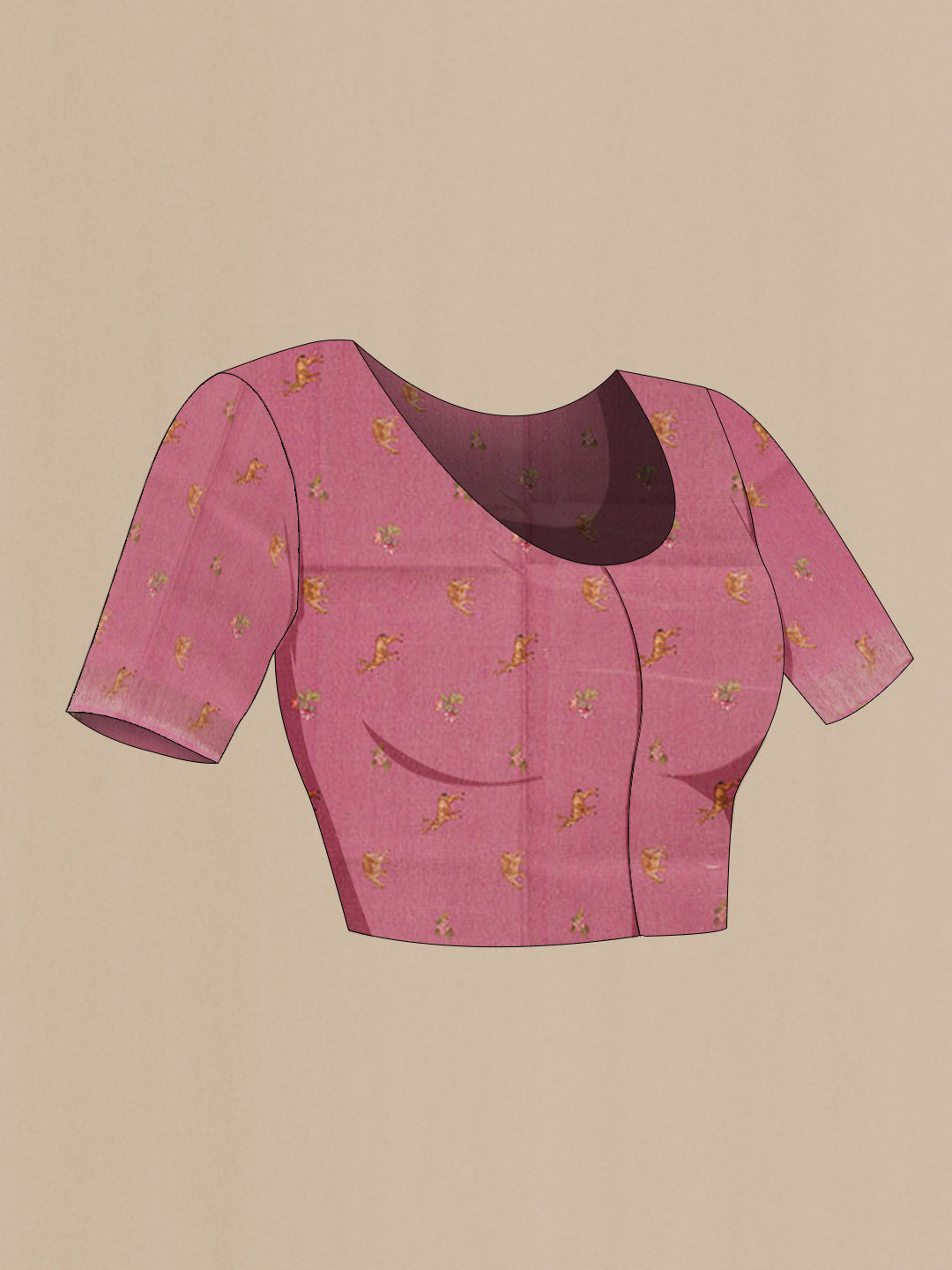 Close up image of the blouse of Pink Tussar Silk Saree with Printed design on the body and Printed Border. 