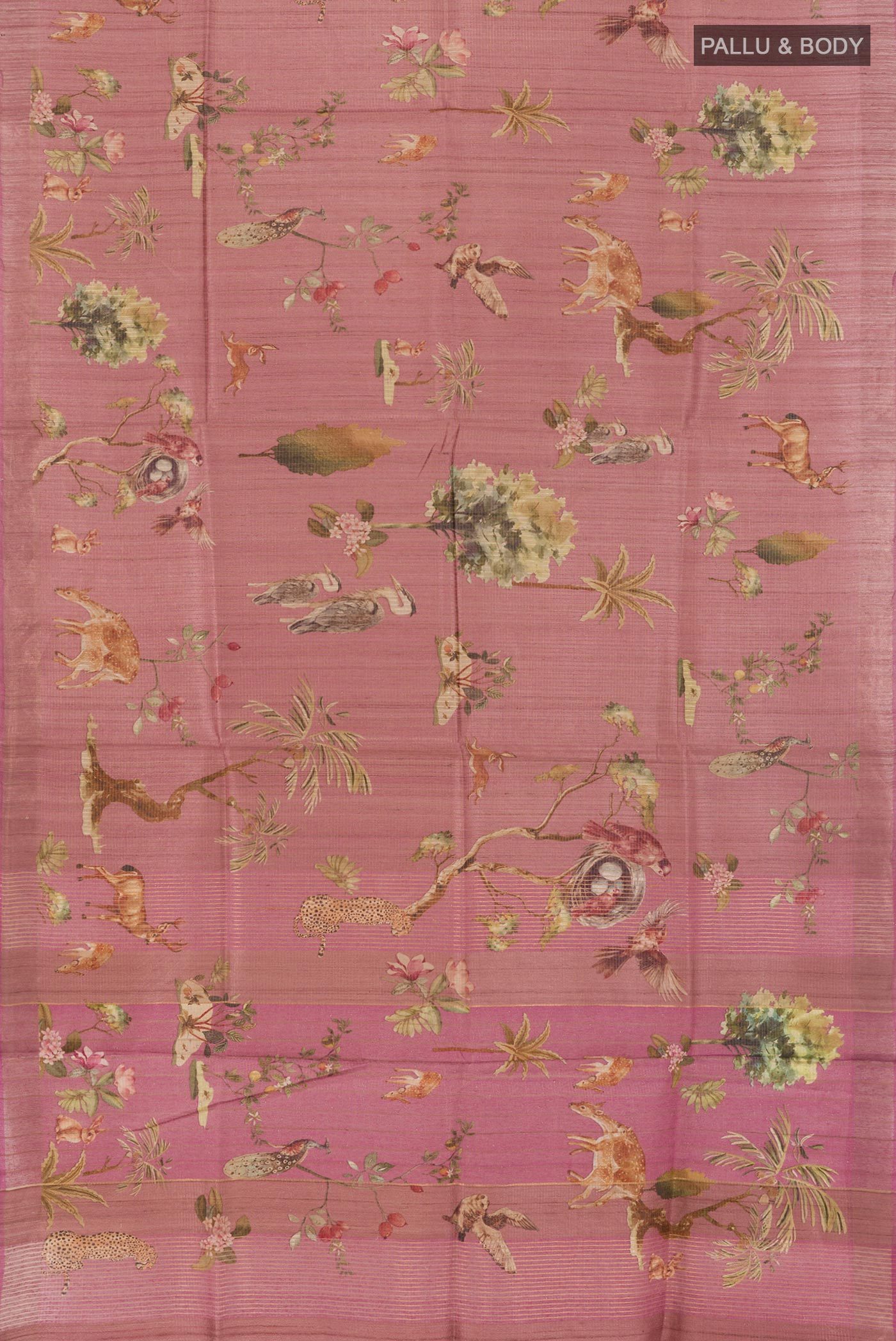 Flat view of Pink Tussar Silk Saree with Printed design on the body and Printed Border. 