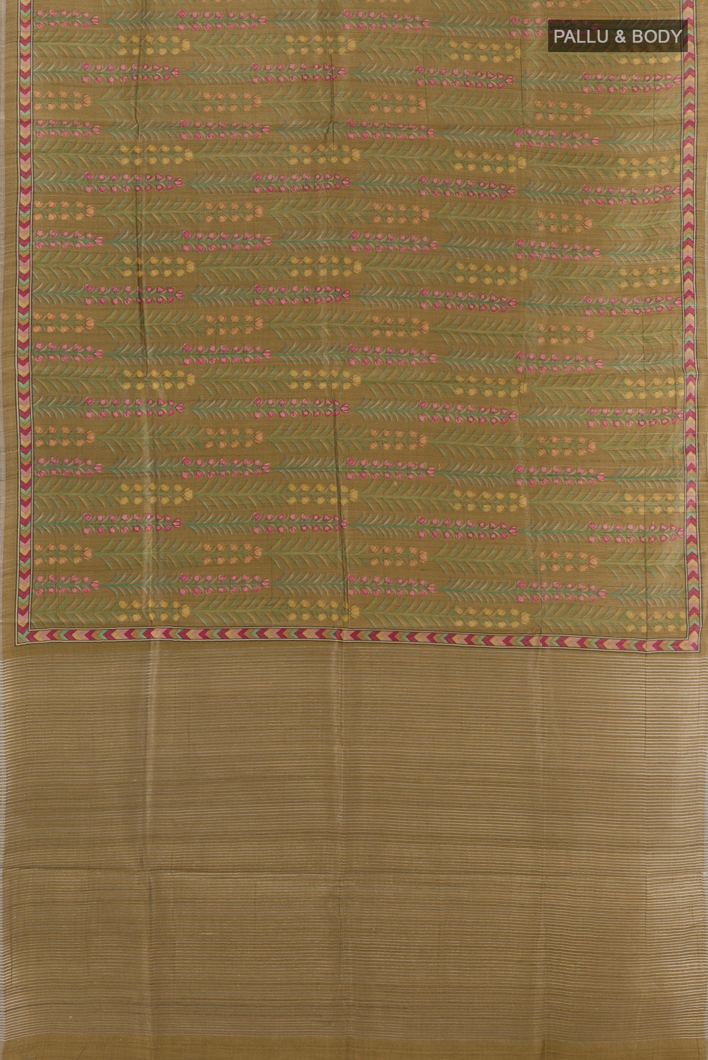 Flat view of Mehandi Green Tussar Silk Saree with Printed design on the body and Printed Border. 