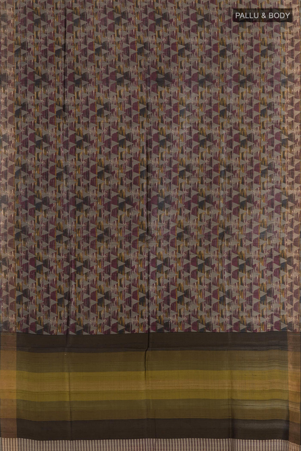 Flat view of Multi Color Tussar Saree with Printed design on the body and Zari Border. 