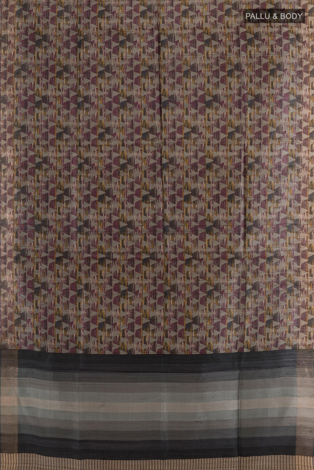 Flat view of Multi Color Tussar Saree with Printed design on the body and Zari Border. 