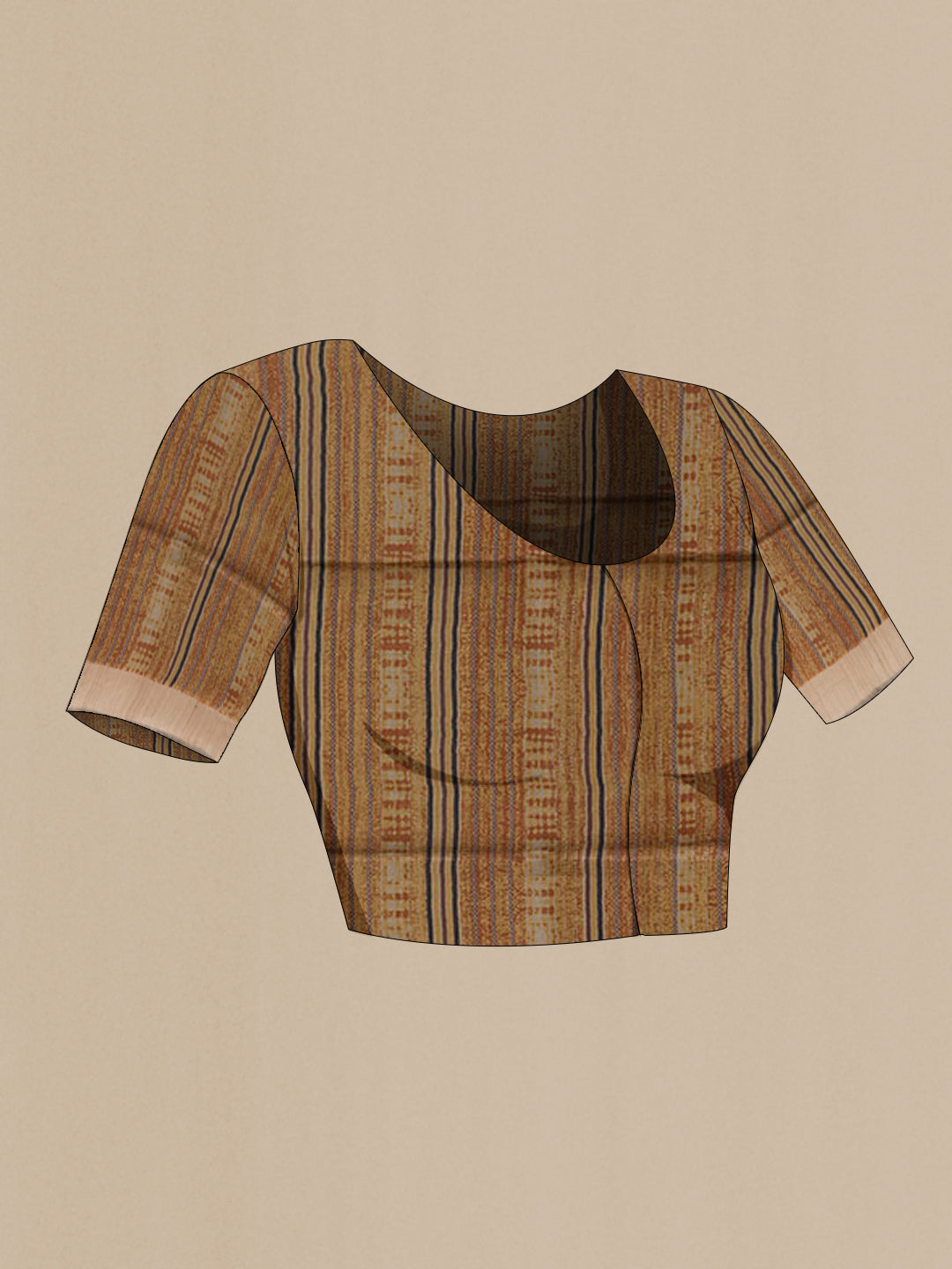 Close up image of the blouse of Brown Tussar Saree with Stripes on the body and Zari Border. 