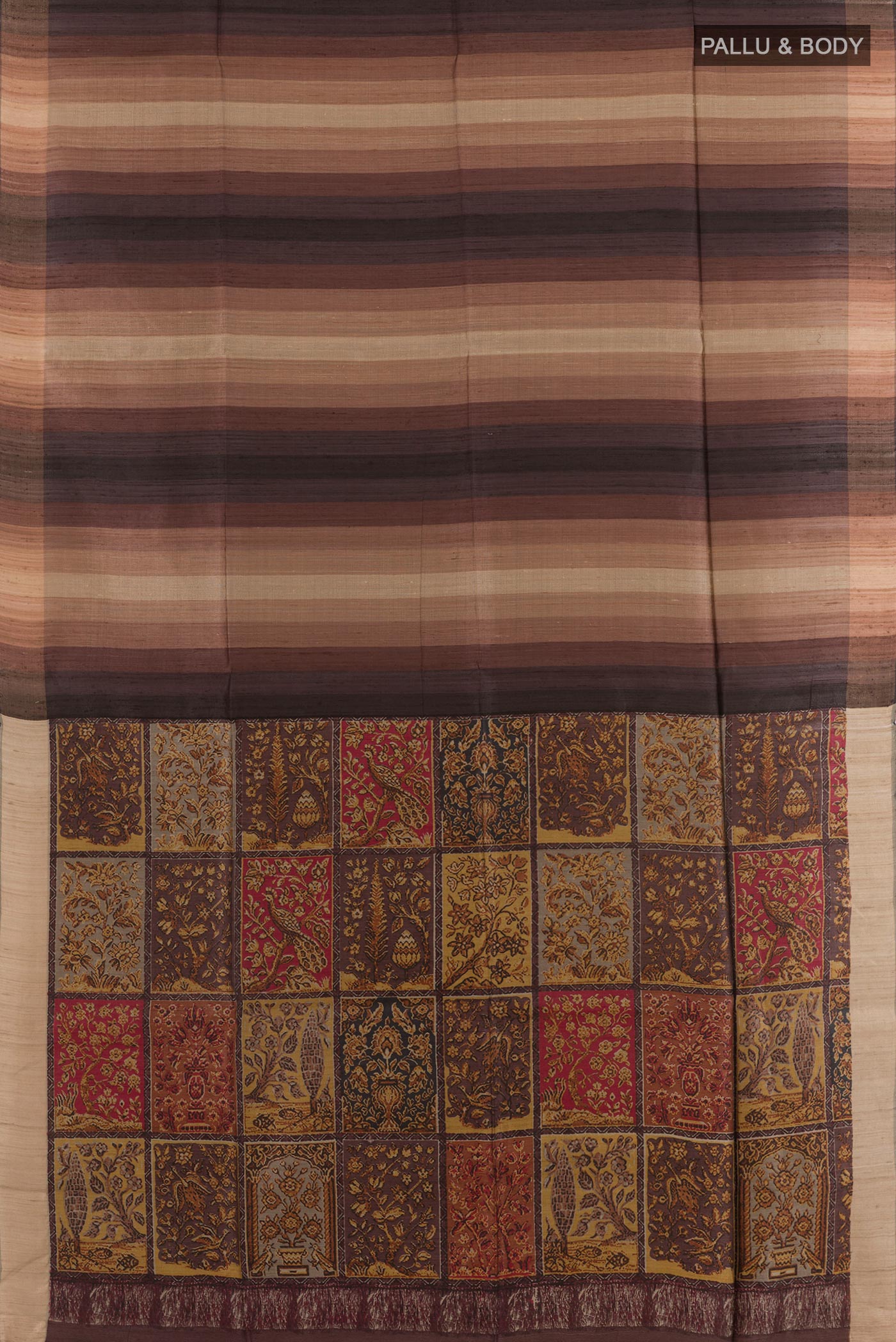 Flat view of Brown Tussar Saree with Stripes on the body and Zari Border. 
