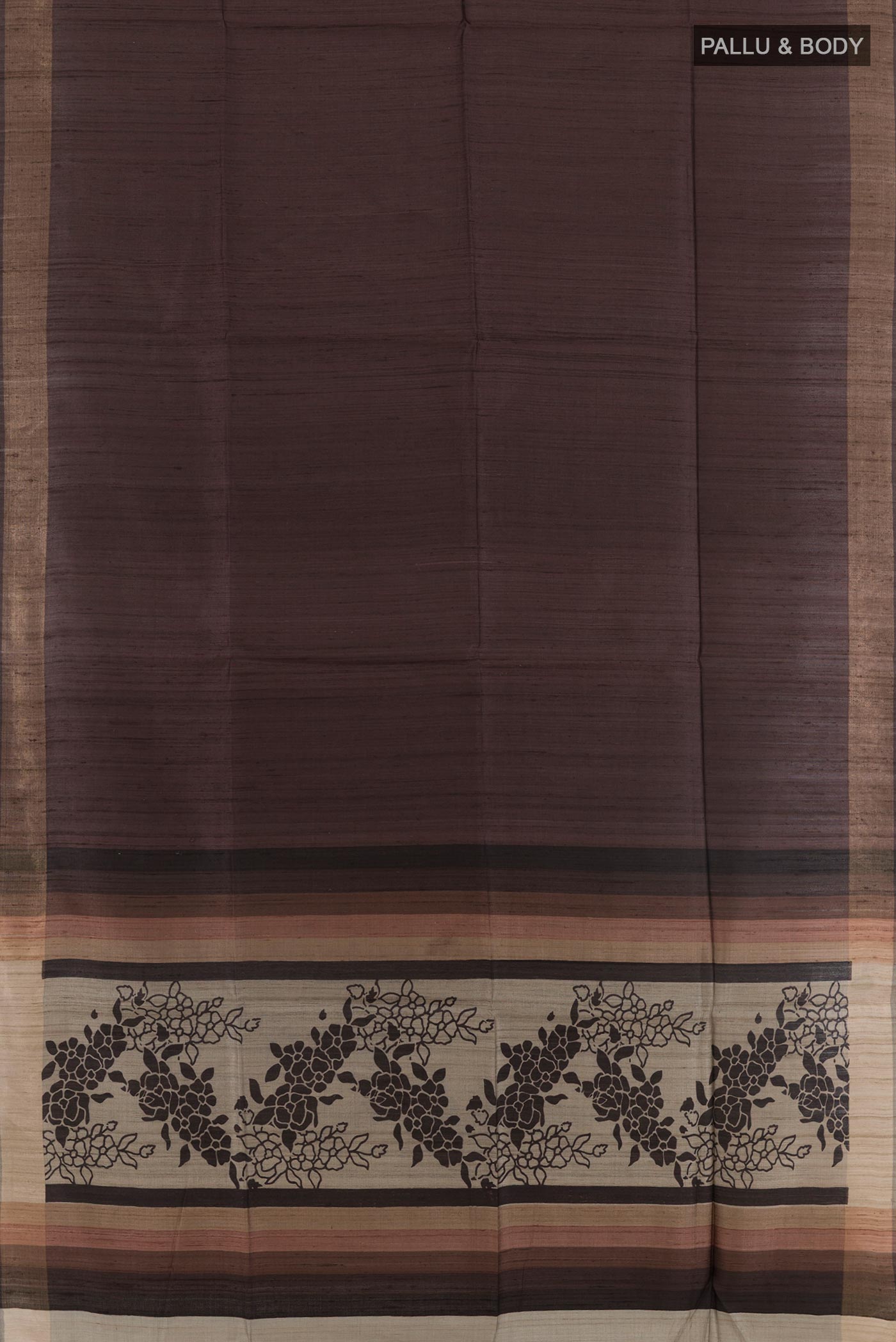 Flat view of Brown Tussar Saree with Plain Body and Zari Border. 