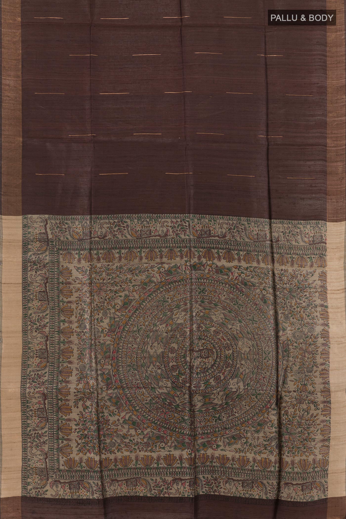 Flat view of Brown Tussar Silk Saree with Stripes on the body and Printed Border. 