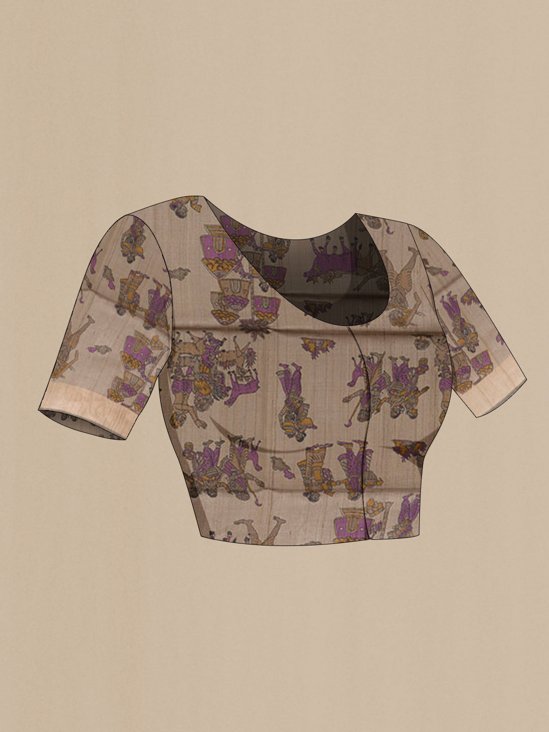 Close up image of the blouse of Purple Tussar Saree with Zari Butta on the body and Zari Border. 