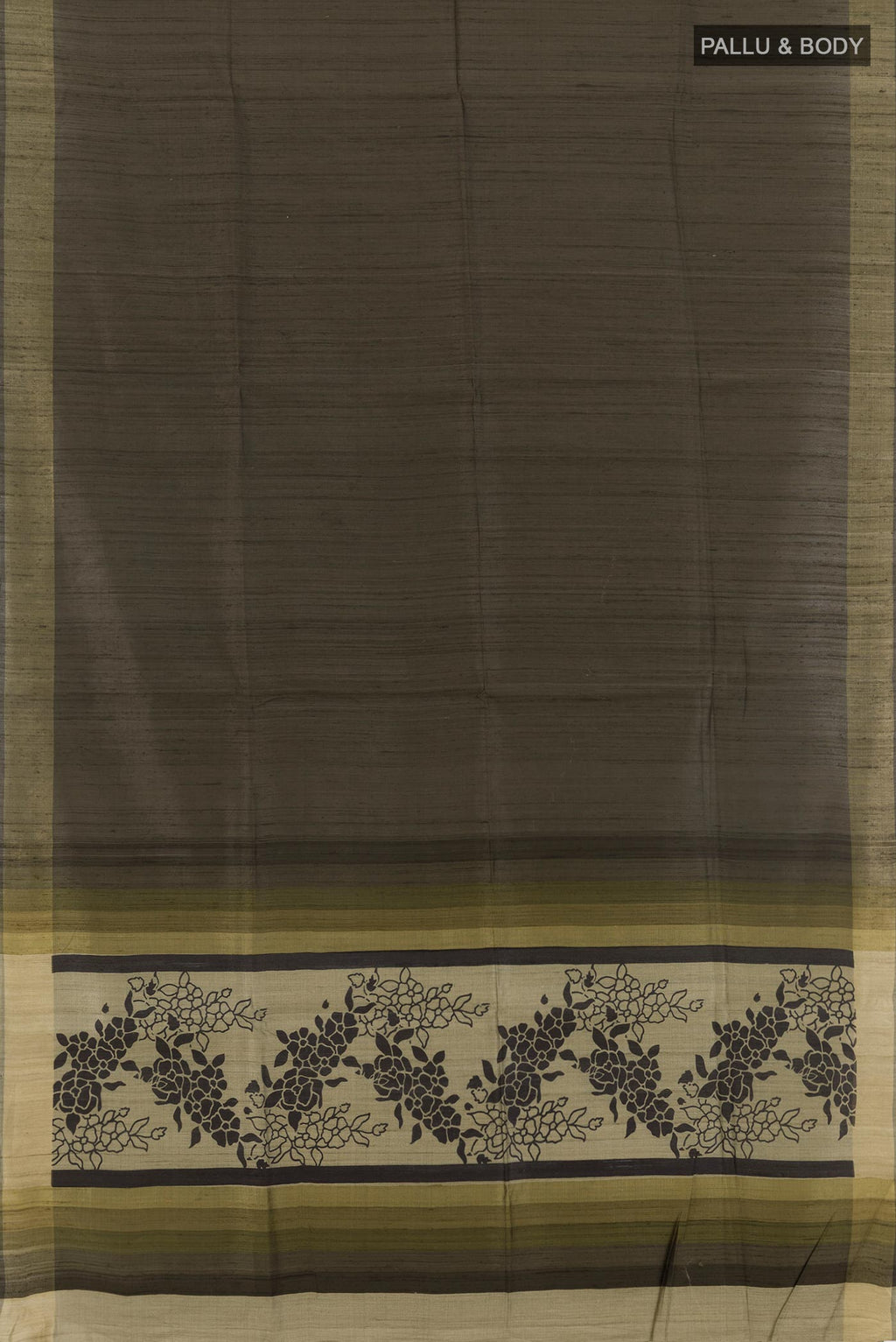 Flat view of Green Tussar Silk Saree with Stripes on the body and Printed Border. 