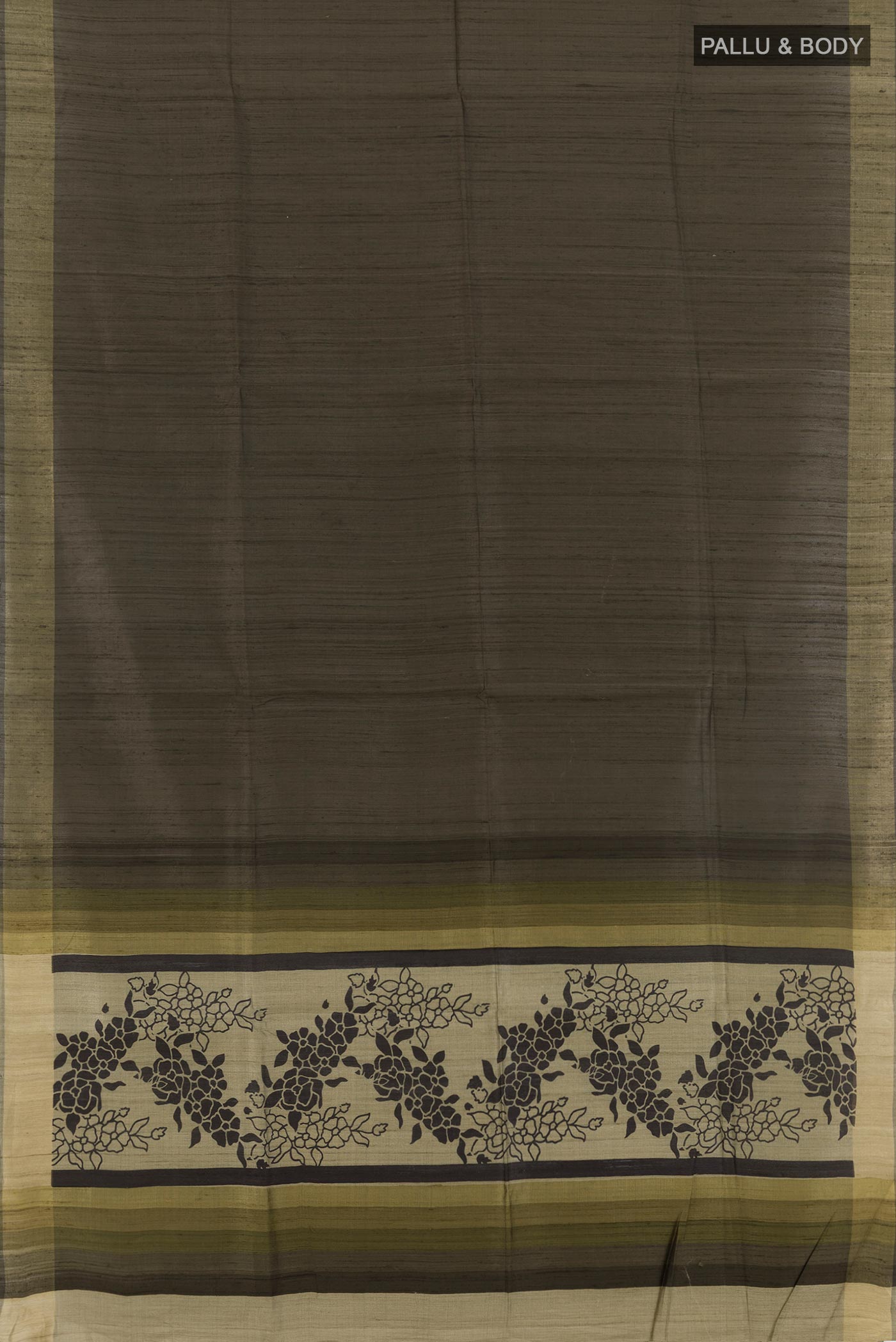 Flat view of Green Tussar Silk Saree with Stripes on the body and Printed Border. 