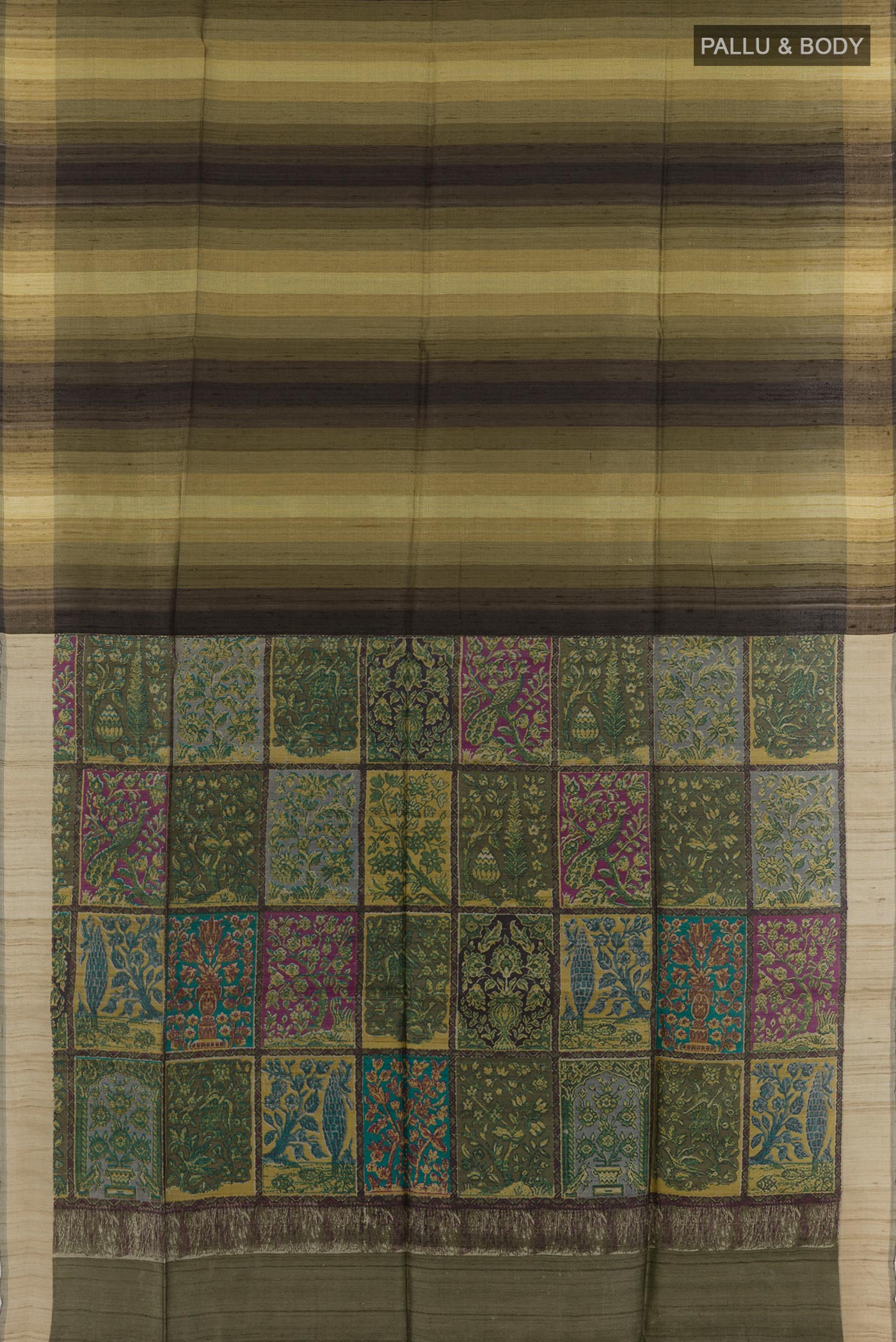 Flat view of Mehandi Green Tussar Saree with Printed design on the body and Without Border. 