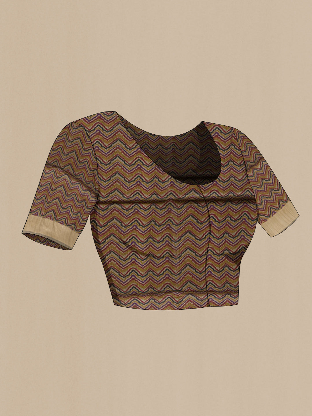 Close up image of the blouse of Mustard Tussar Saree with Printed design on the body and Zari Border. 