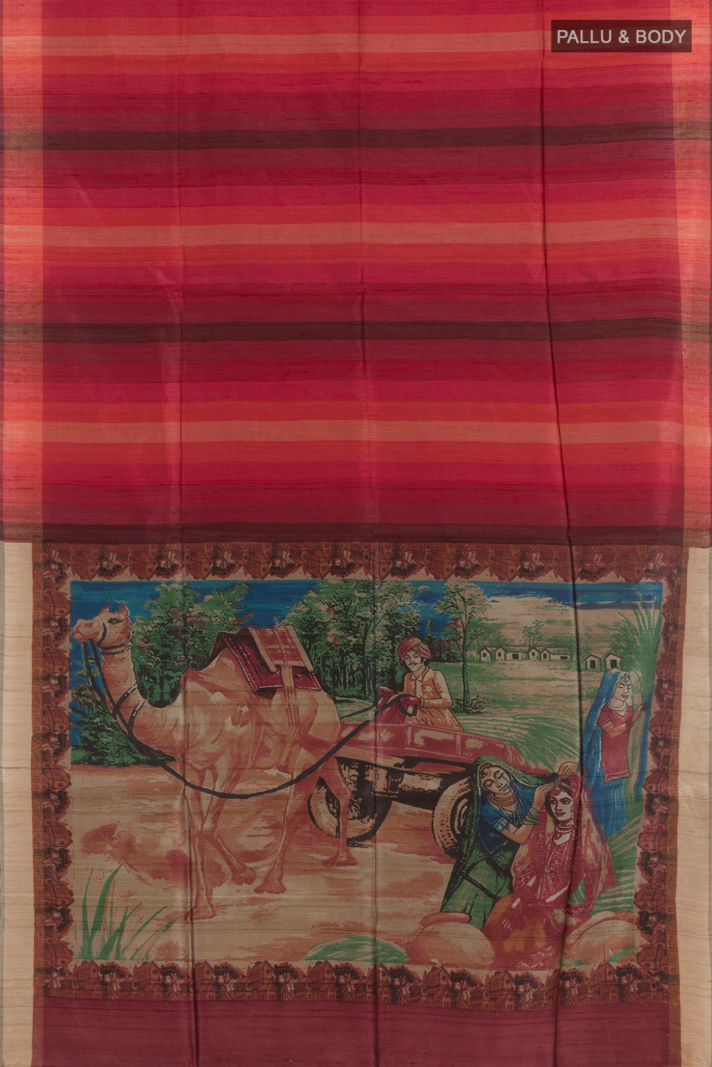Flat view of Red Tussar Saree with Printed design on the body and Zari Border. 